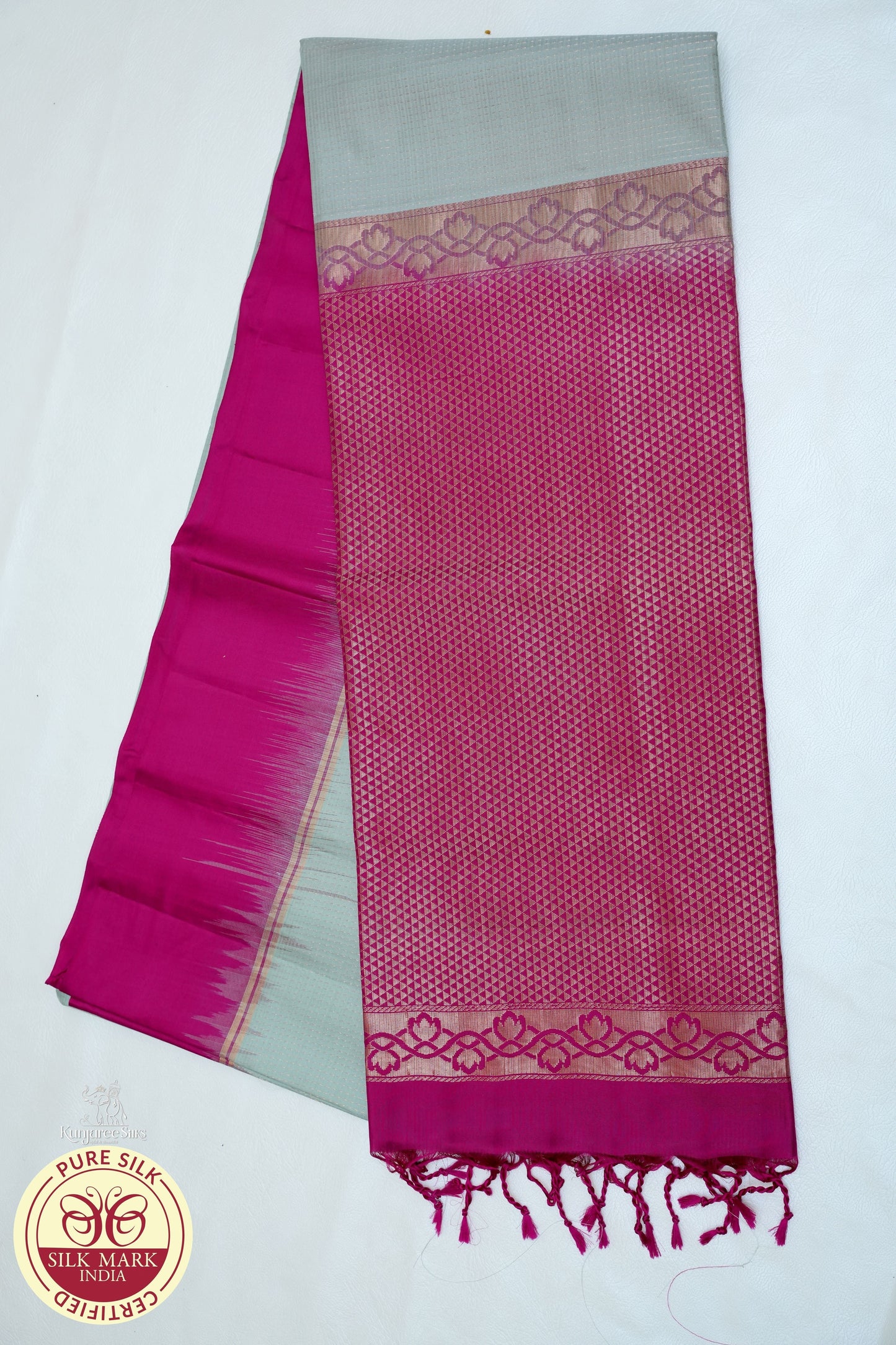 Pure Silk Handloom Soft Silk Saree – Silver Grey with Rani Pink Zari Pallu