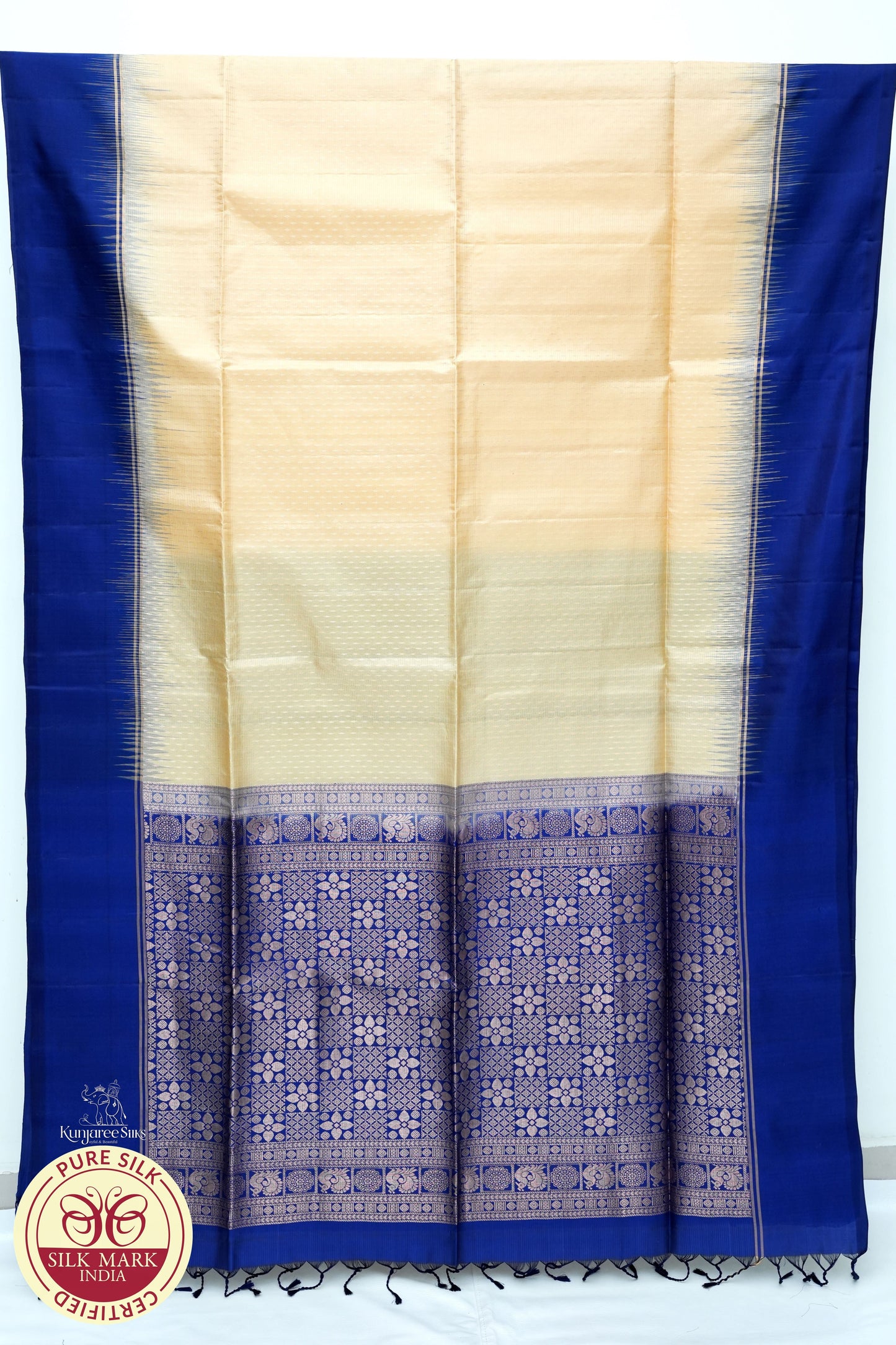 Cream Yellow with Navy Blue Color Pure Silk Saree