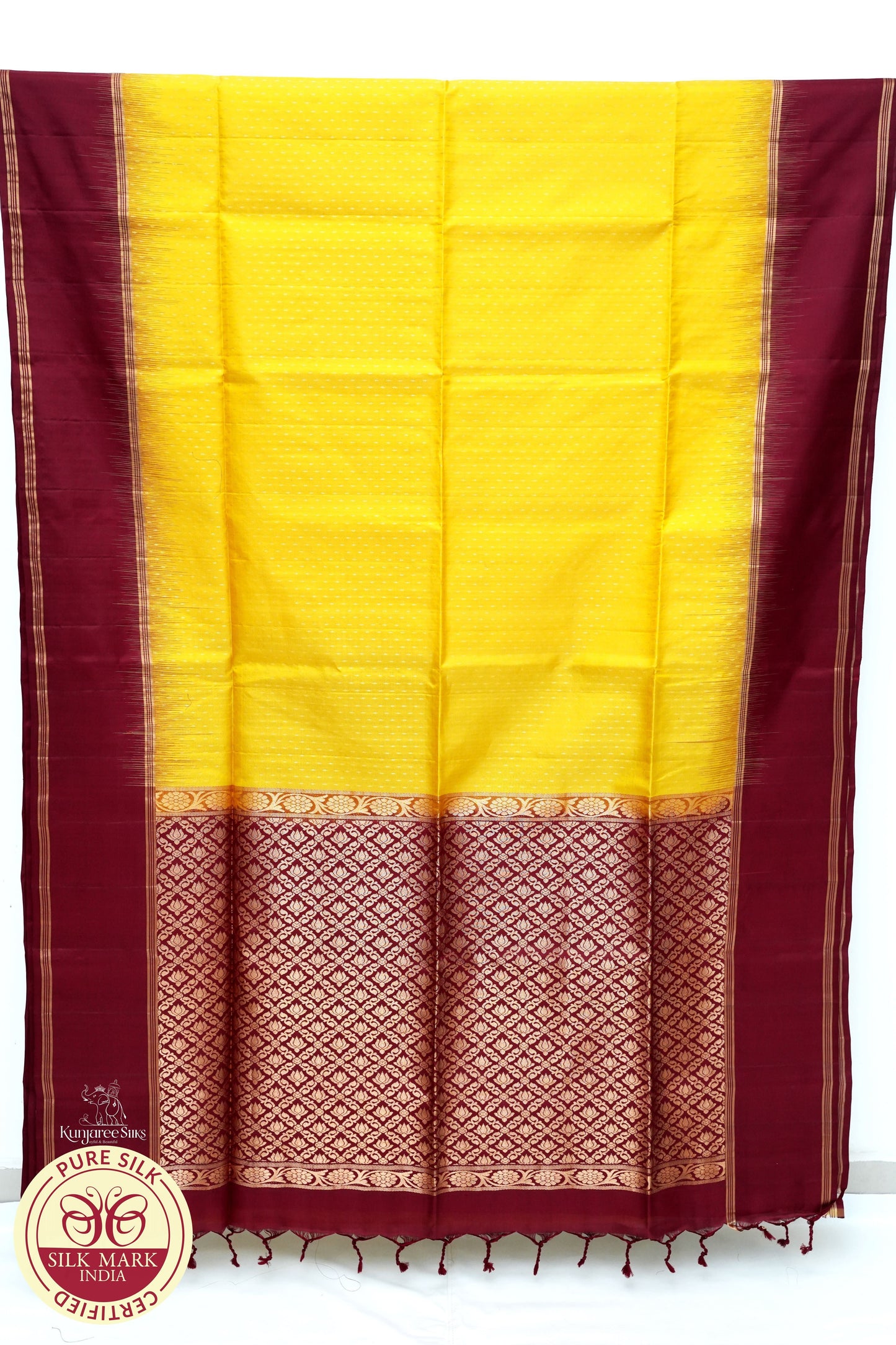 Brown with Lemon Yellow Color Pure Silk Saree