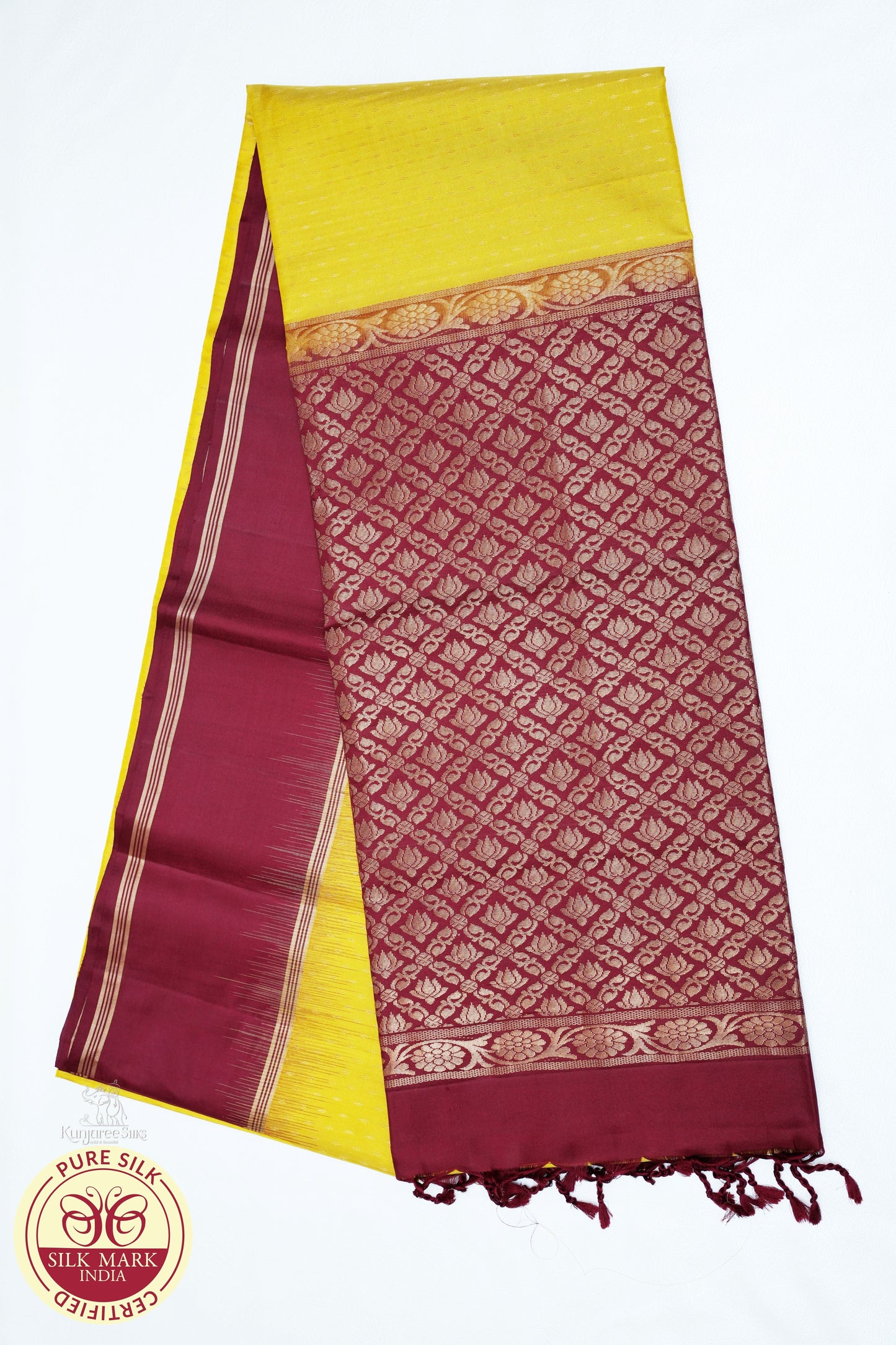 Brown with Lemon Yellow Color Pure Silk Saree