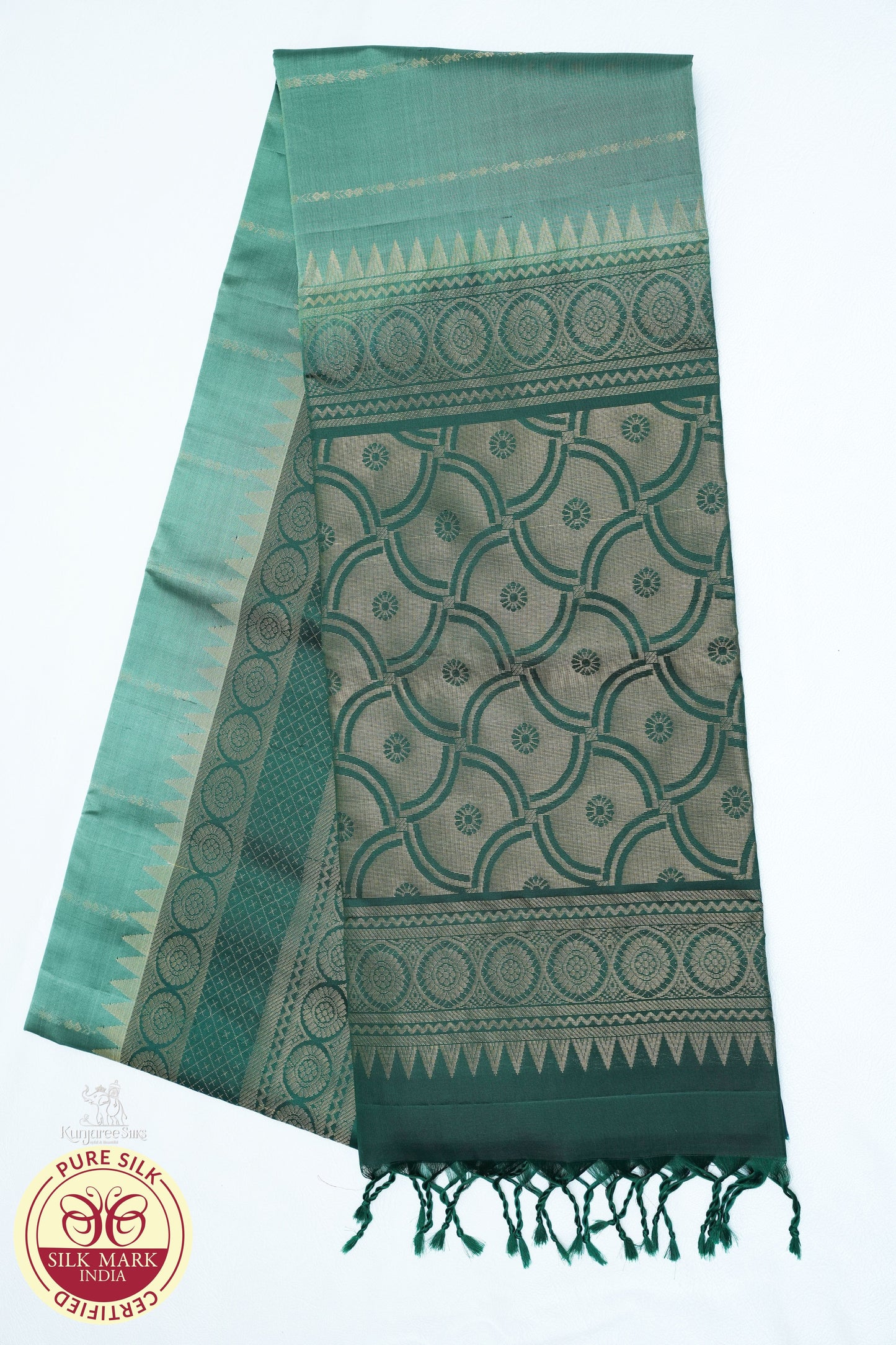 Bottle Green with Gold Color Pure Silk Saree