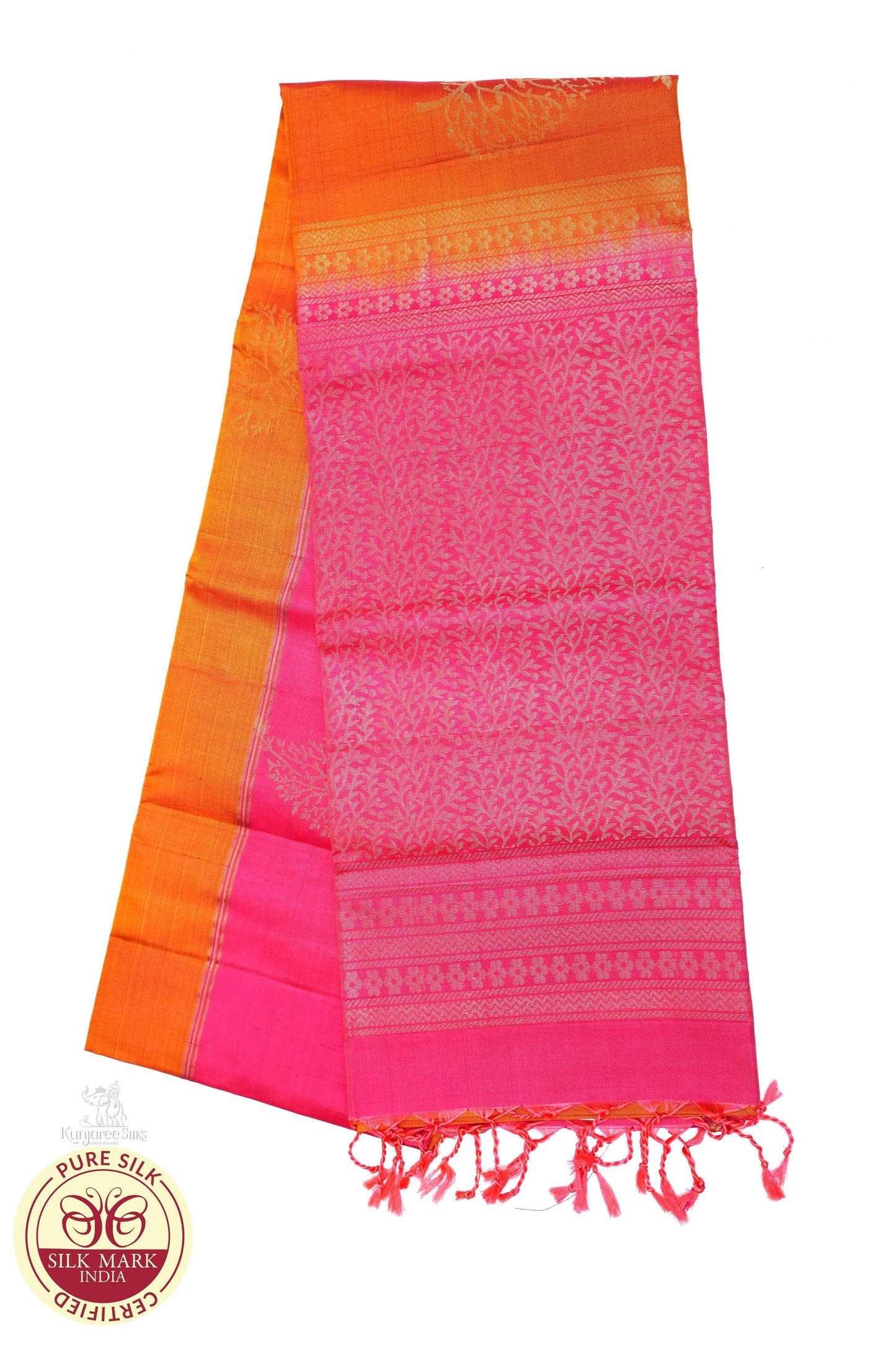 Pure Handloom Dual Tone Soft Silk Saree – Mustard Gold & Candy Pink with Broad Contrast Border