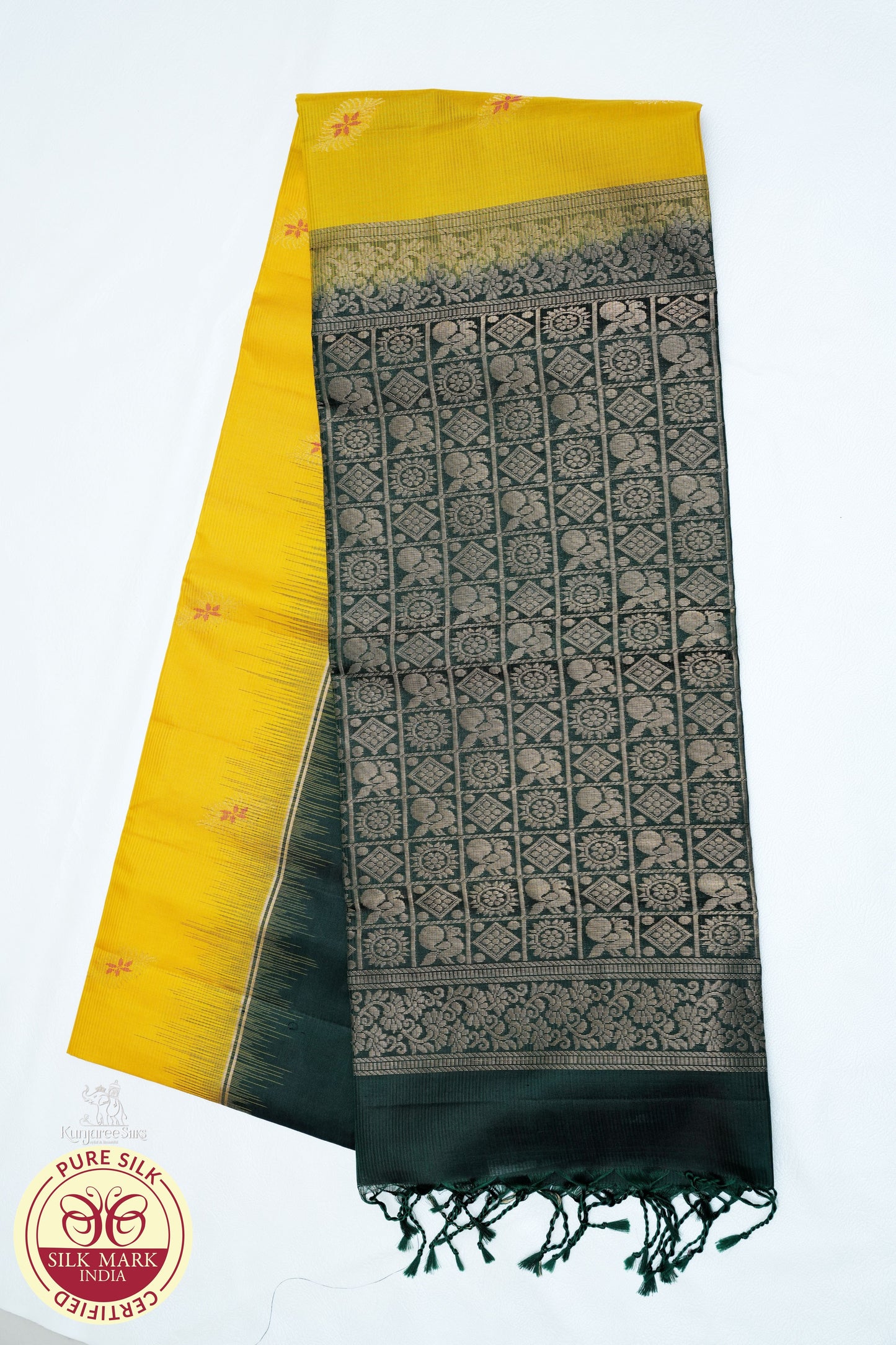 Yellow with Bottle Green Color Pure Silk Saree