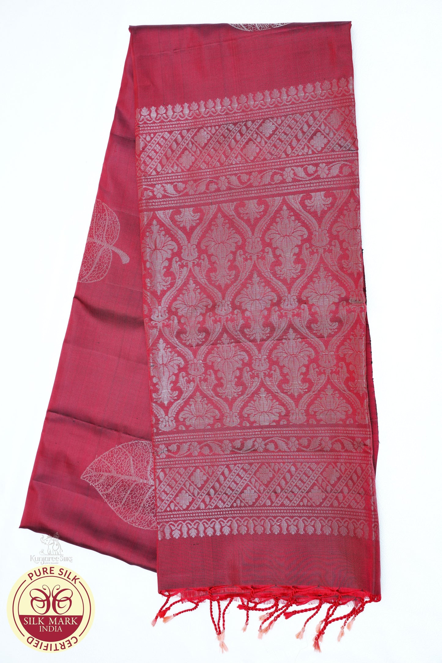 Pure Handloom Soft Silk Borderless Saree – Rust Maroon with Self Woven Leaf & Rich Pallu