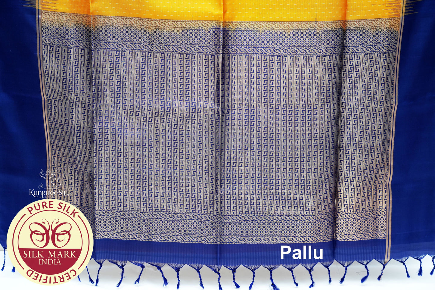 Mustard Yellow with Navy Blue Color Pure Silk Saree