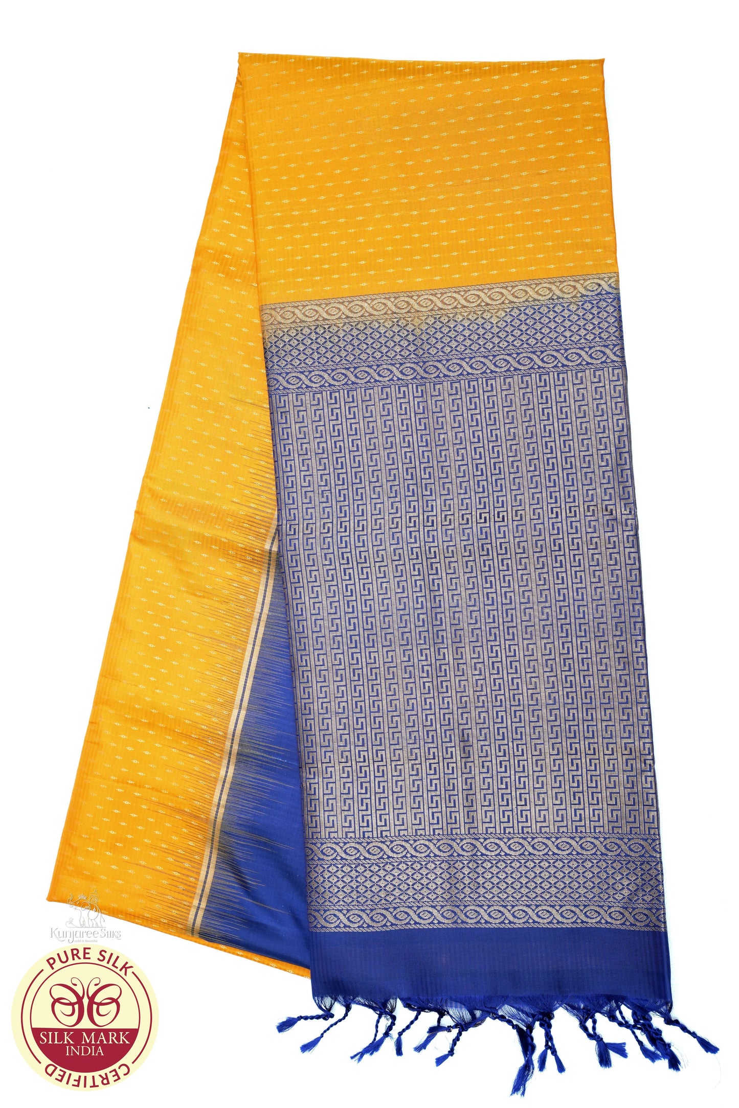 Mustard Yellow with Navy Blue Color Pure Silk Saree