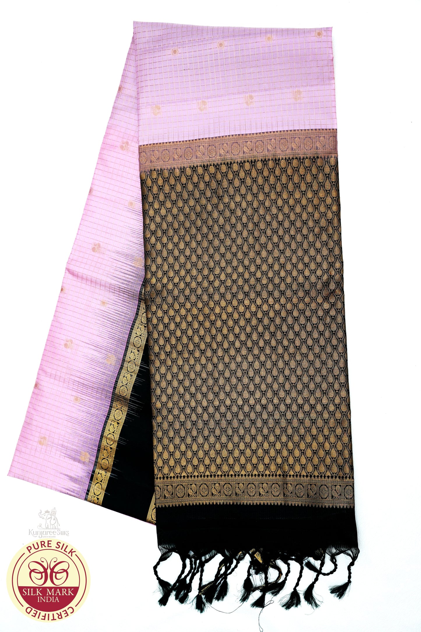 Baby Pink with Bottle Green Color Pure Silk Saree