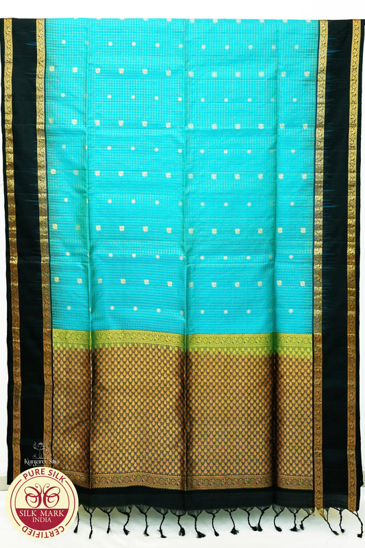 Sky Blue with Bottle Green Color Pure Silk Saree