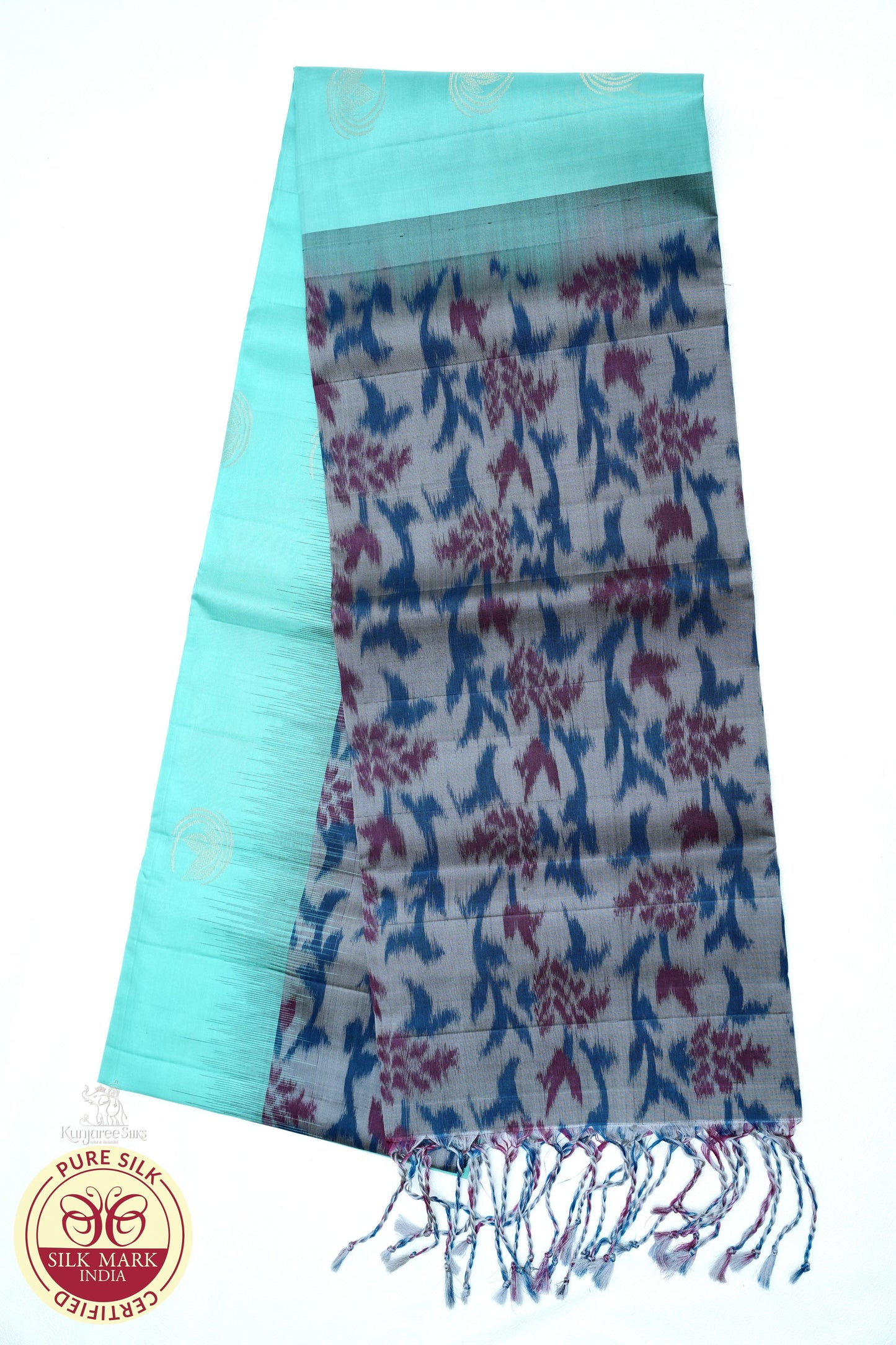 Pure Handloom Silk Pochampally Saree – Aqua Mint Green with Floral Ikat Grey Pallu