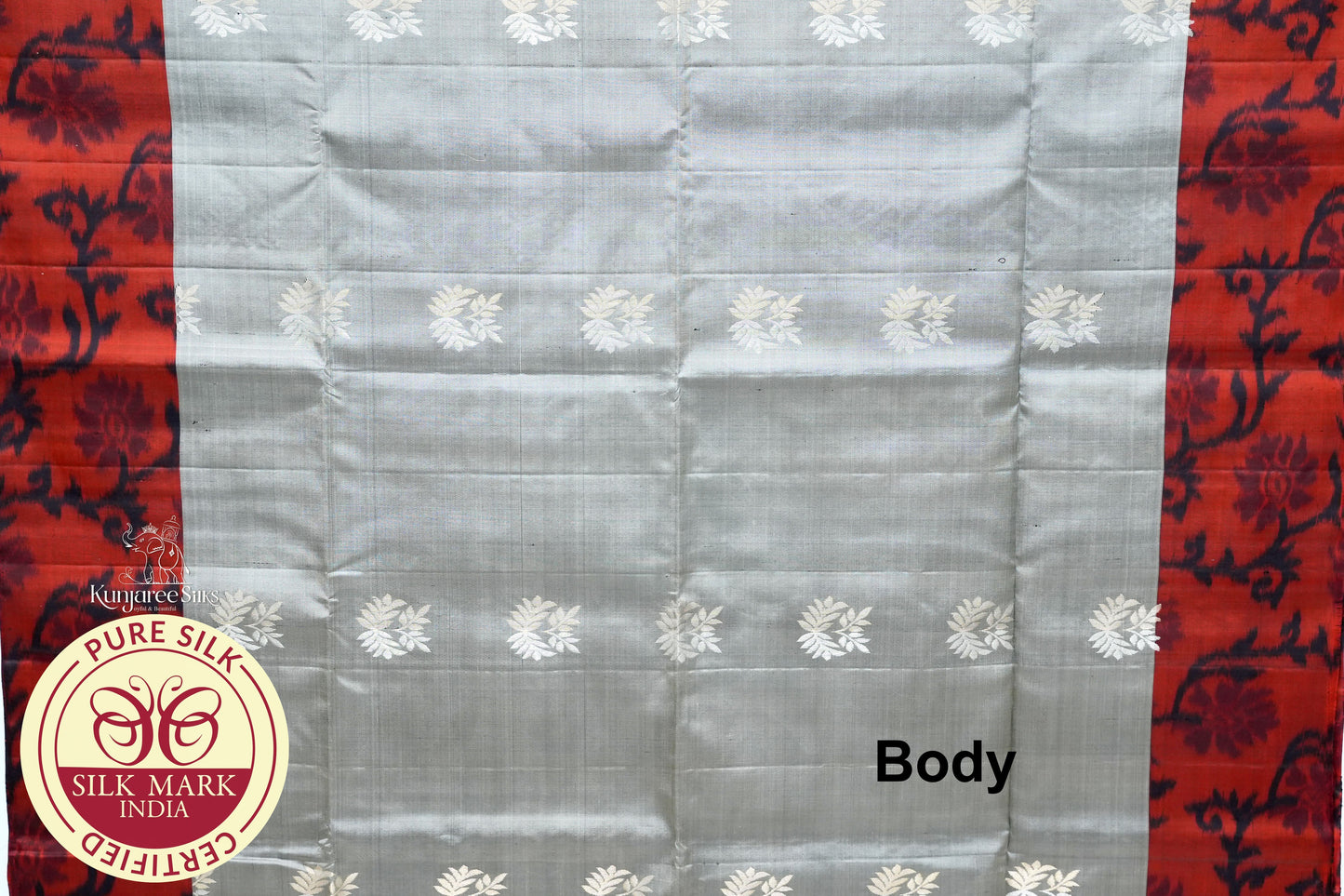 Grey with  Dark Orange Color Pochampally Pure Silk Saree