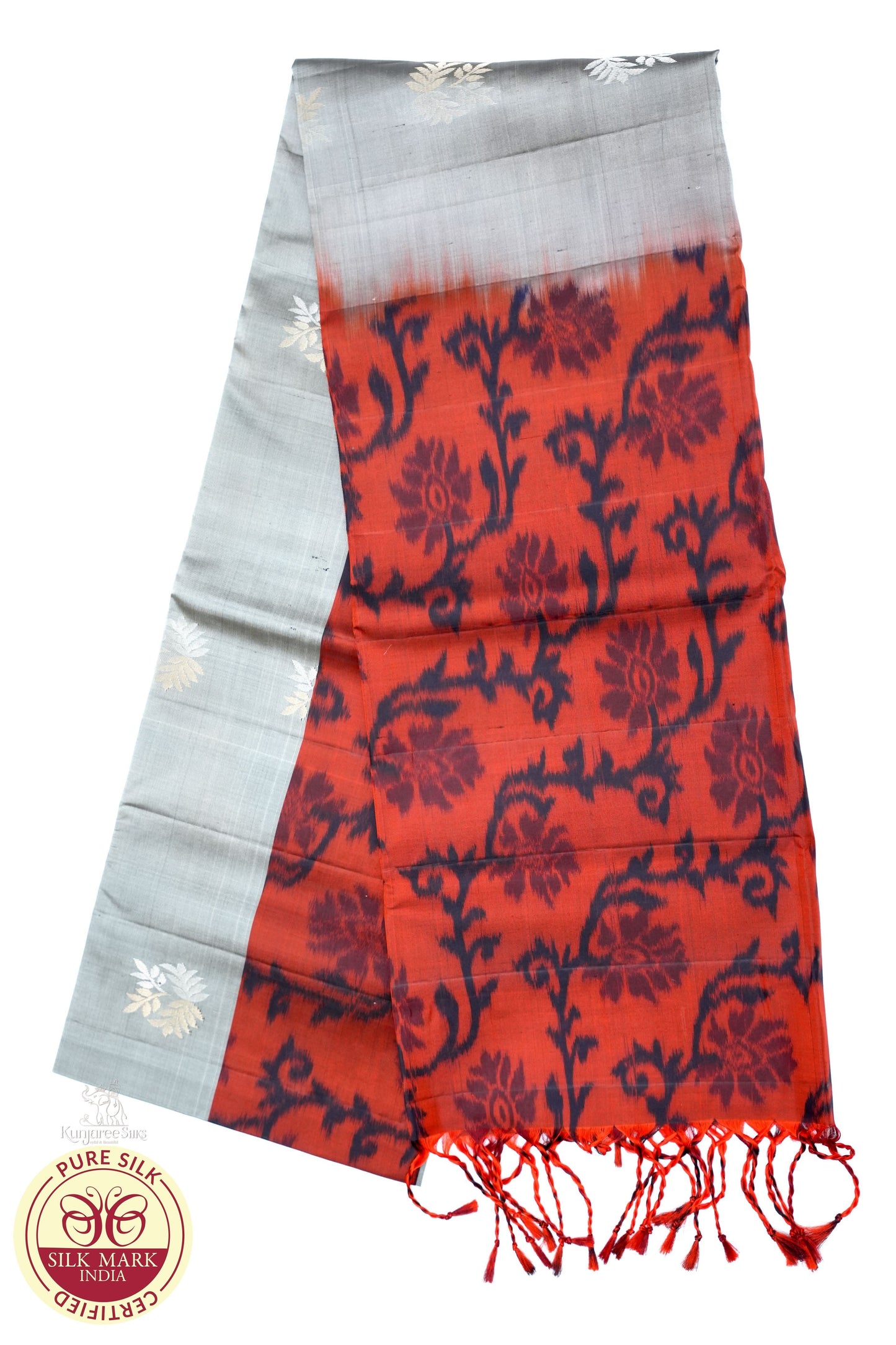 Grey with  Dark Orange Color Pochampally Pure Silk Saree