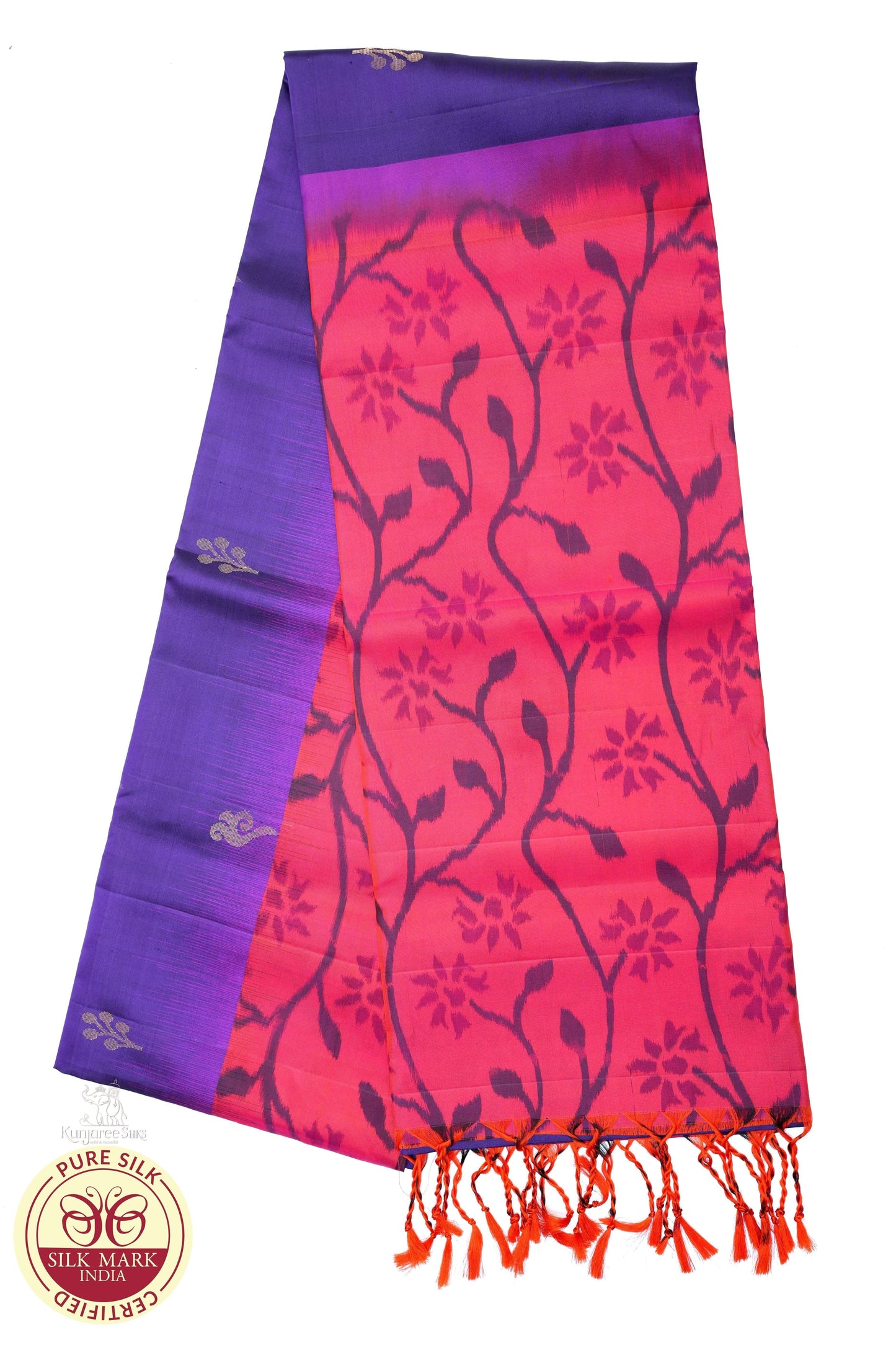 Pure Silk Handloom Pochampally Ikkat Border Saree – Purple & Orange Floral