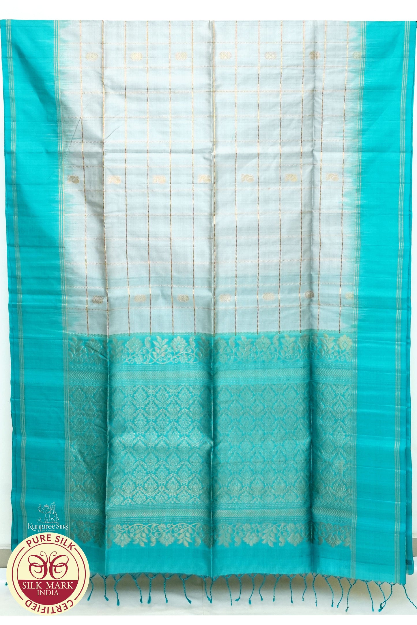 Cream White with Sea Blue Color Pure Silk Saree