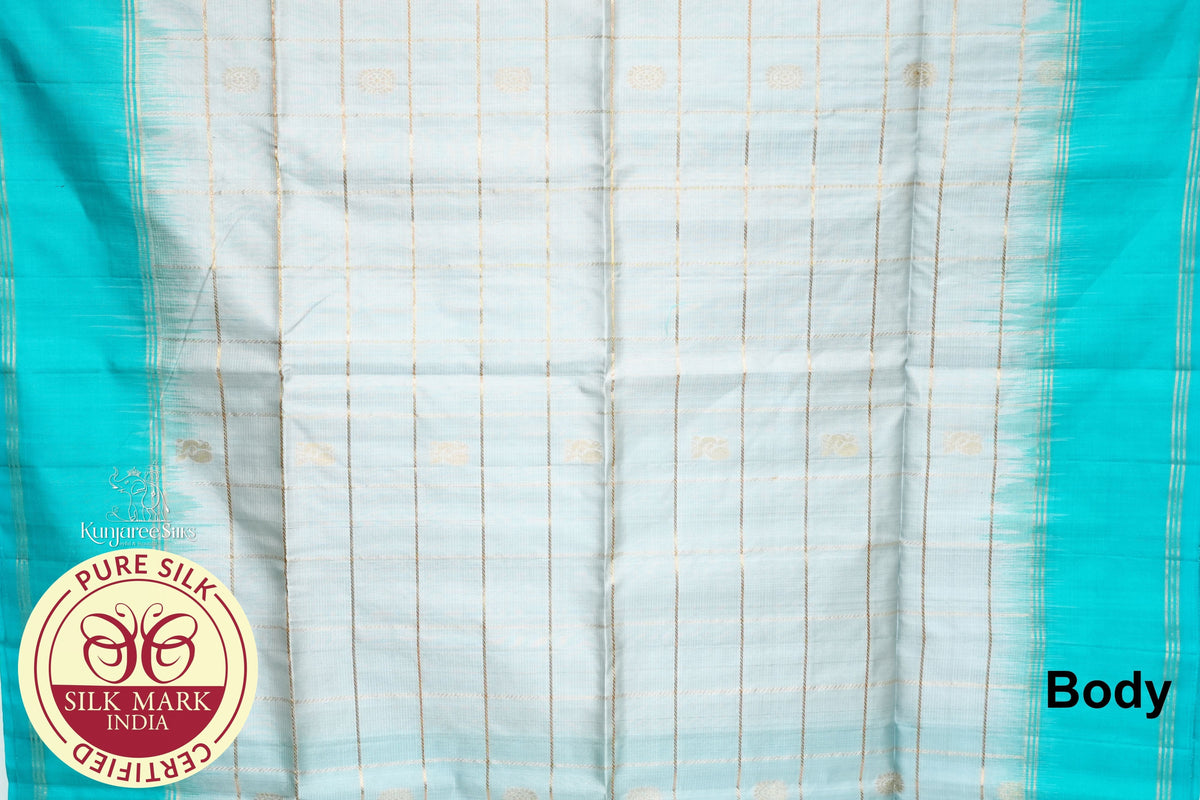 Cream White with Sea Blue Color Pure Silk Saree