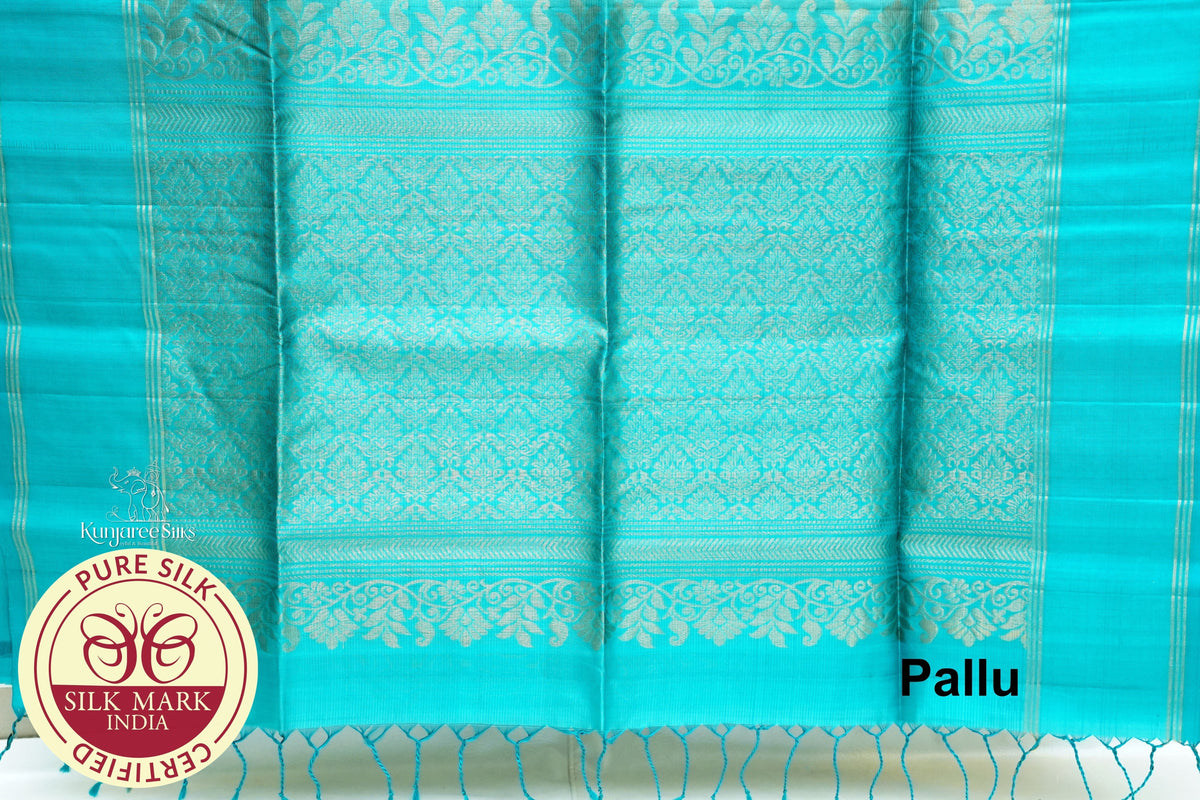 Cream White with Sea Blue Color Pure Silk Saree