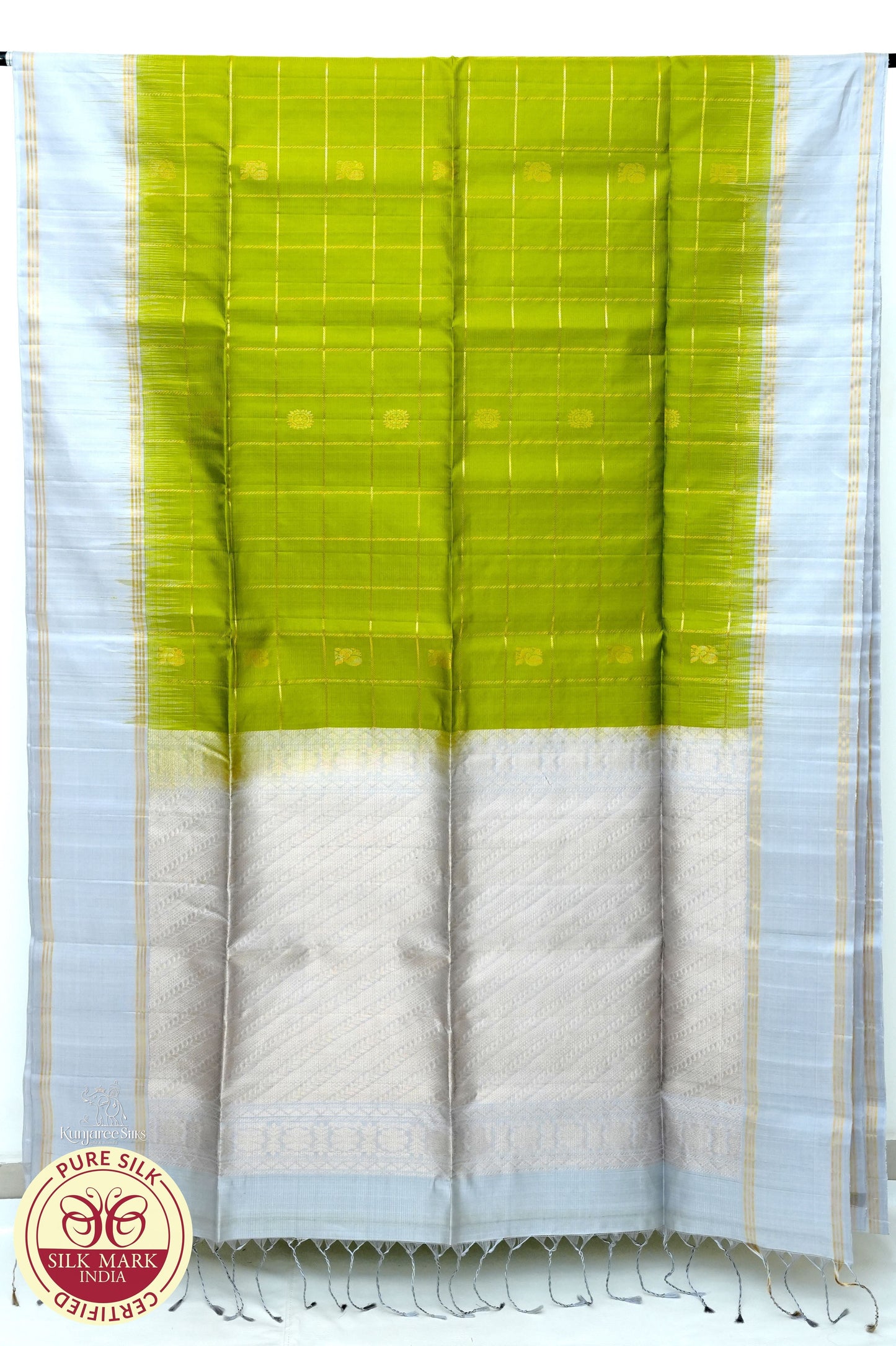 Parrot Green with Silver Color Pure Silk Saree