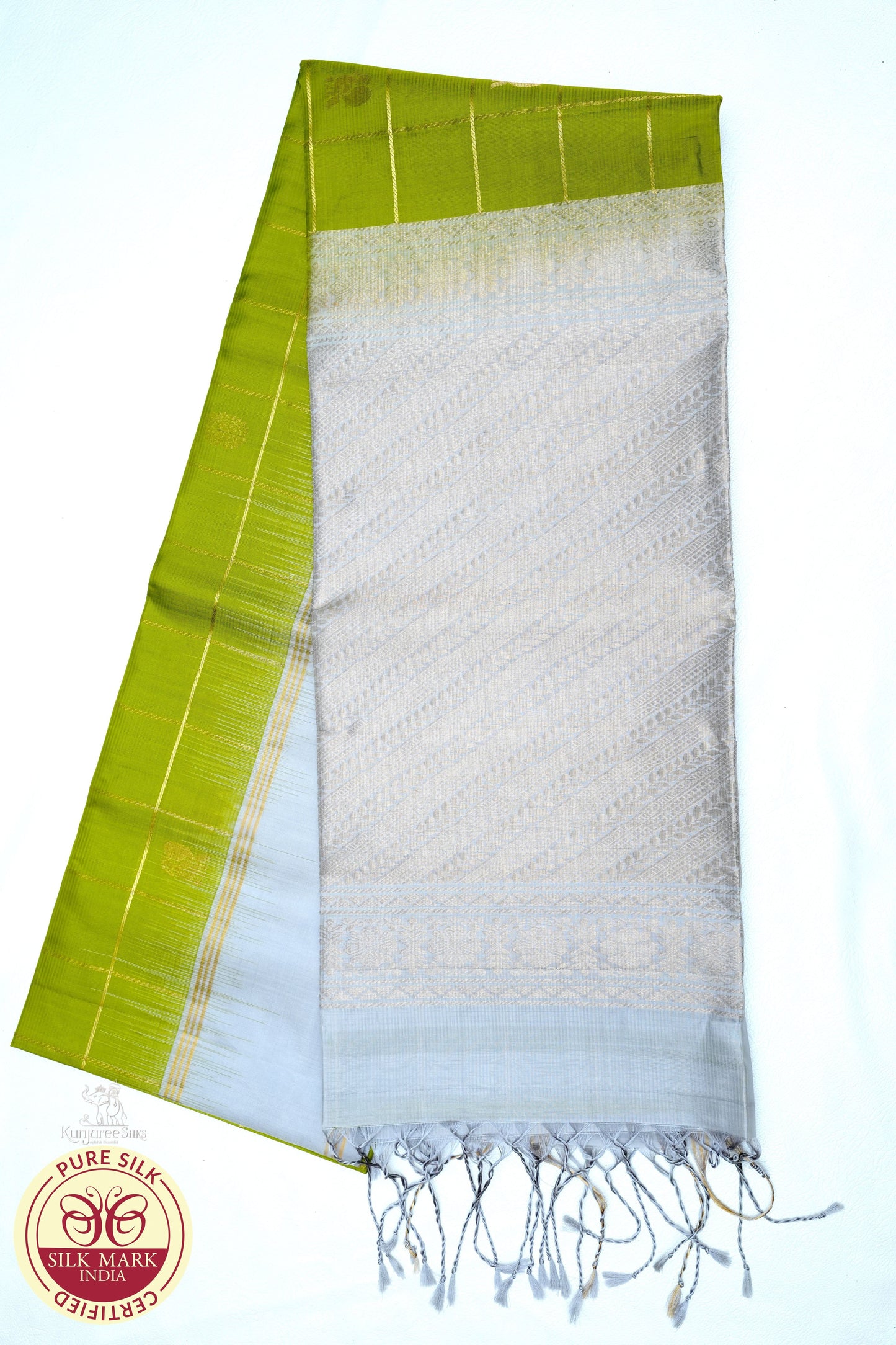 Parrot Green with Silver Color Pure Silk Saree