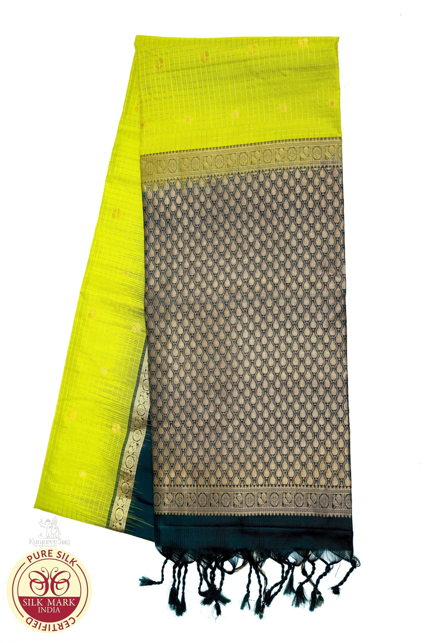 Pure Silk Handloom Softsilk Lime Green & Teal Zari Border Saree