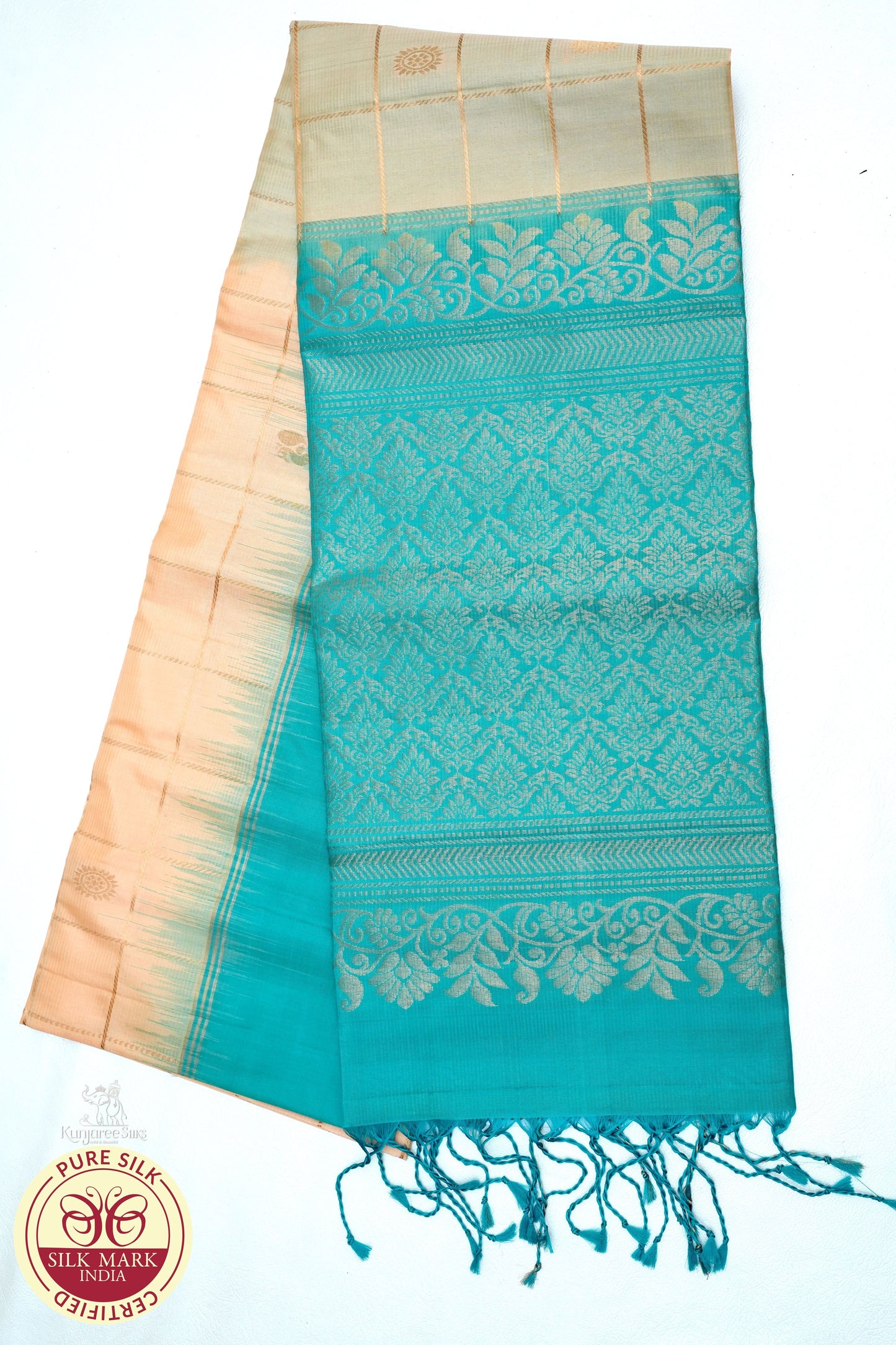 Gold with Ocean Blue Color Pure Silk Saree