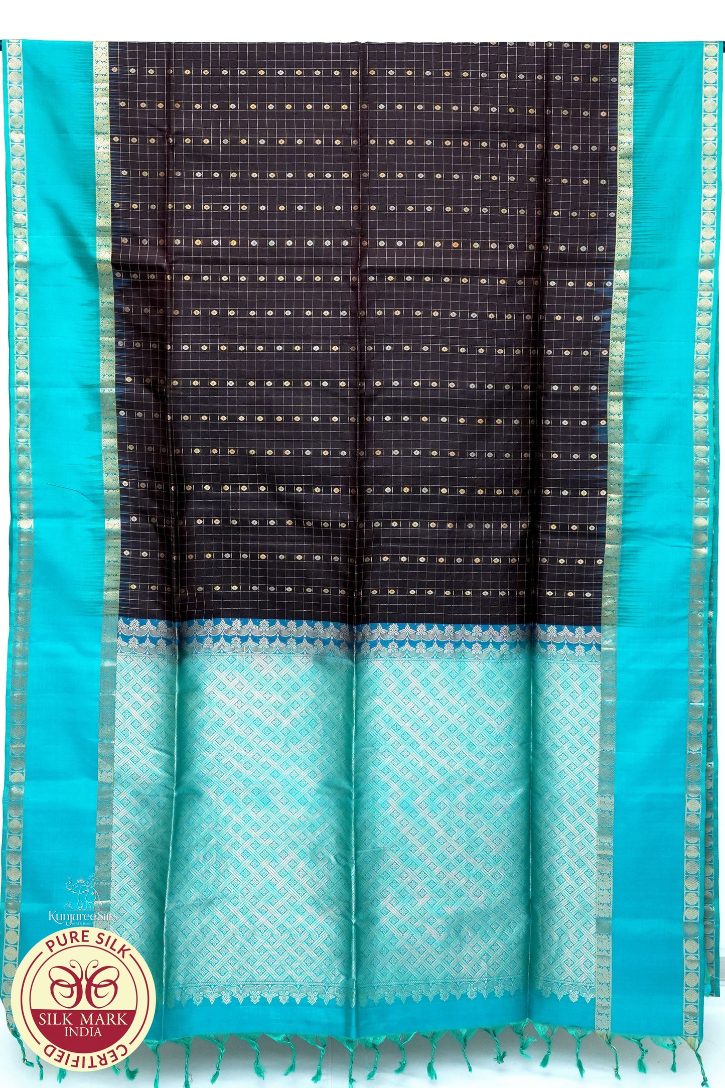 Dark Grey with Sky Blue Color Pure Silk Saree