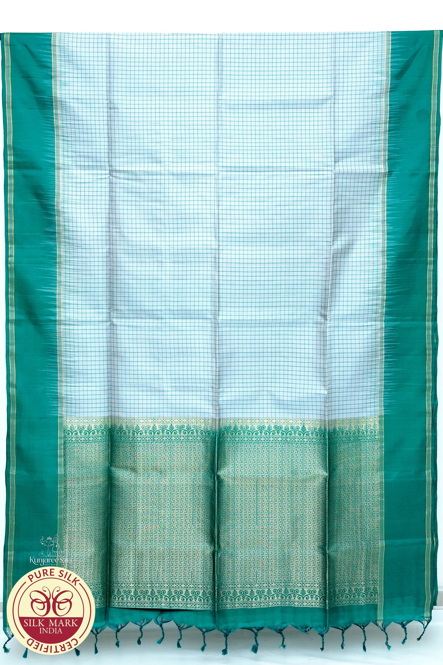 Cream Grey with Green Color Pure Silk Saree