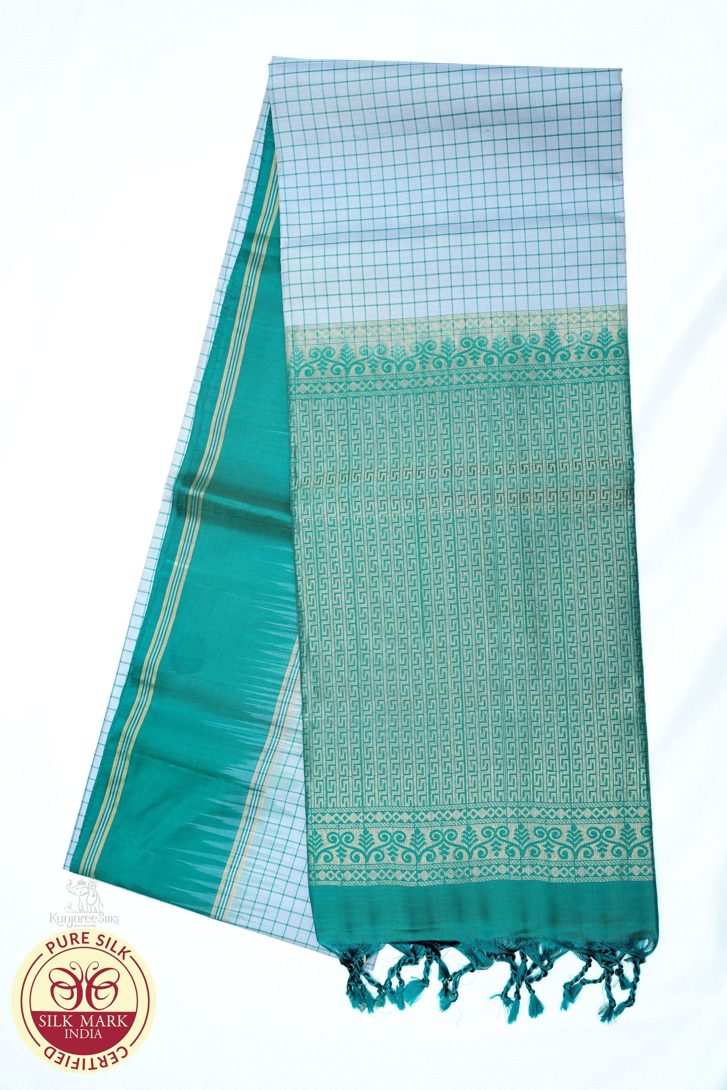 Cream Grey with Green Color Pure Silk Saree