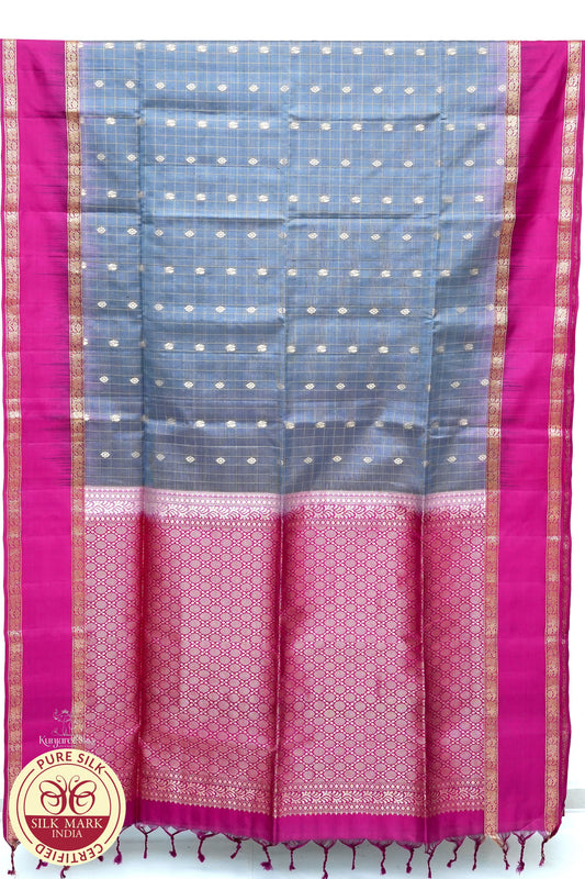 Grey with Magenta Color Pure Silk Saree