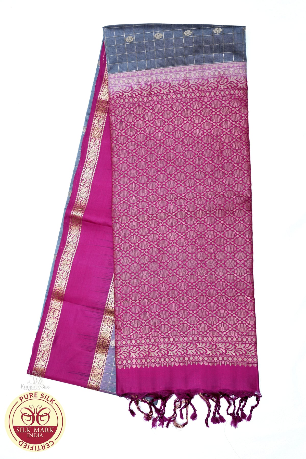 Pure Silk Handloom Soft Silk Saree – Mist Grey with Rani Pink Zari Pallu