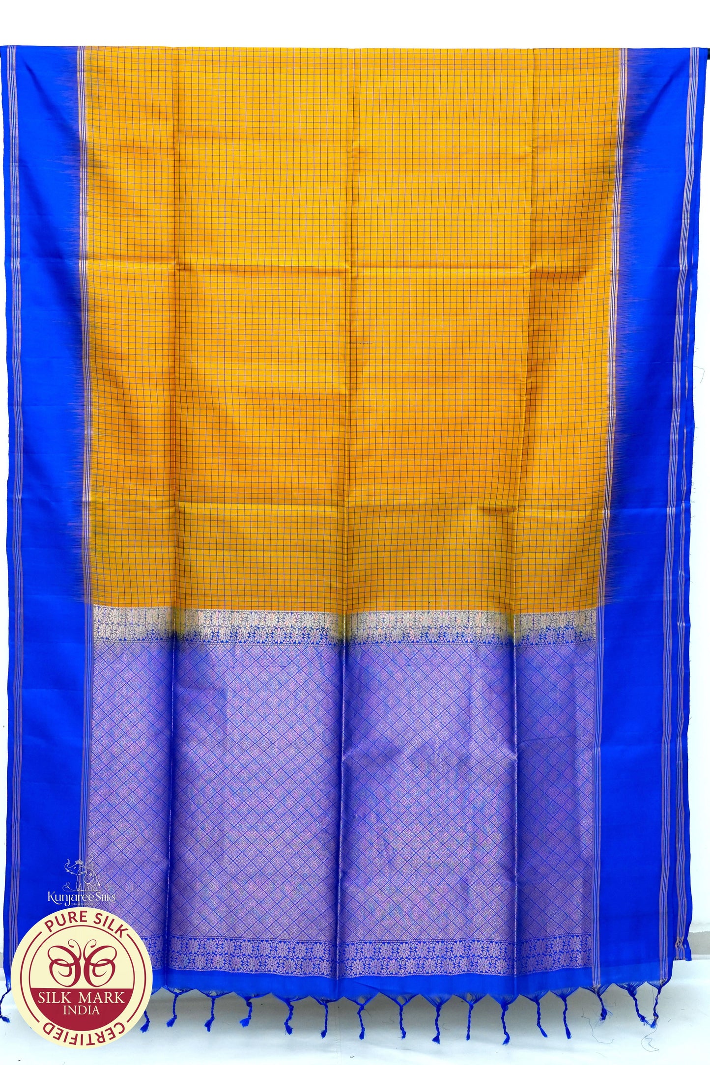 Mustard Yellow with Blue Color Pure Silk Saree