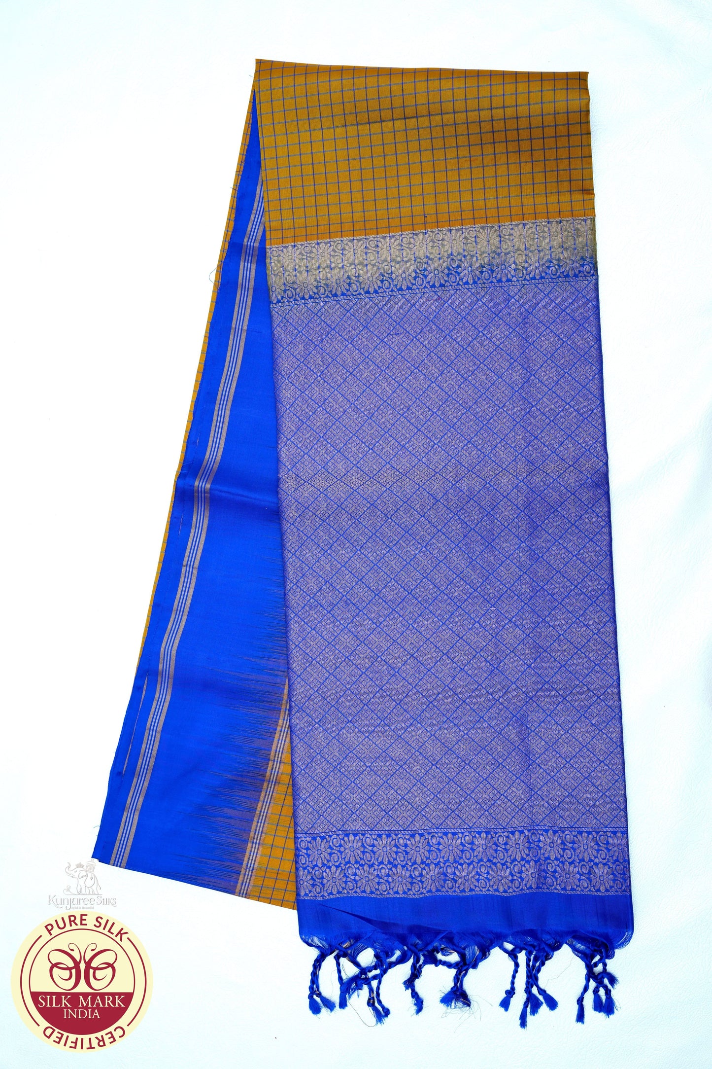 Mustard Yellow with Blue Color Pure Silk Saree