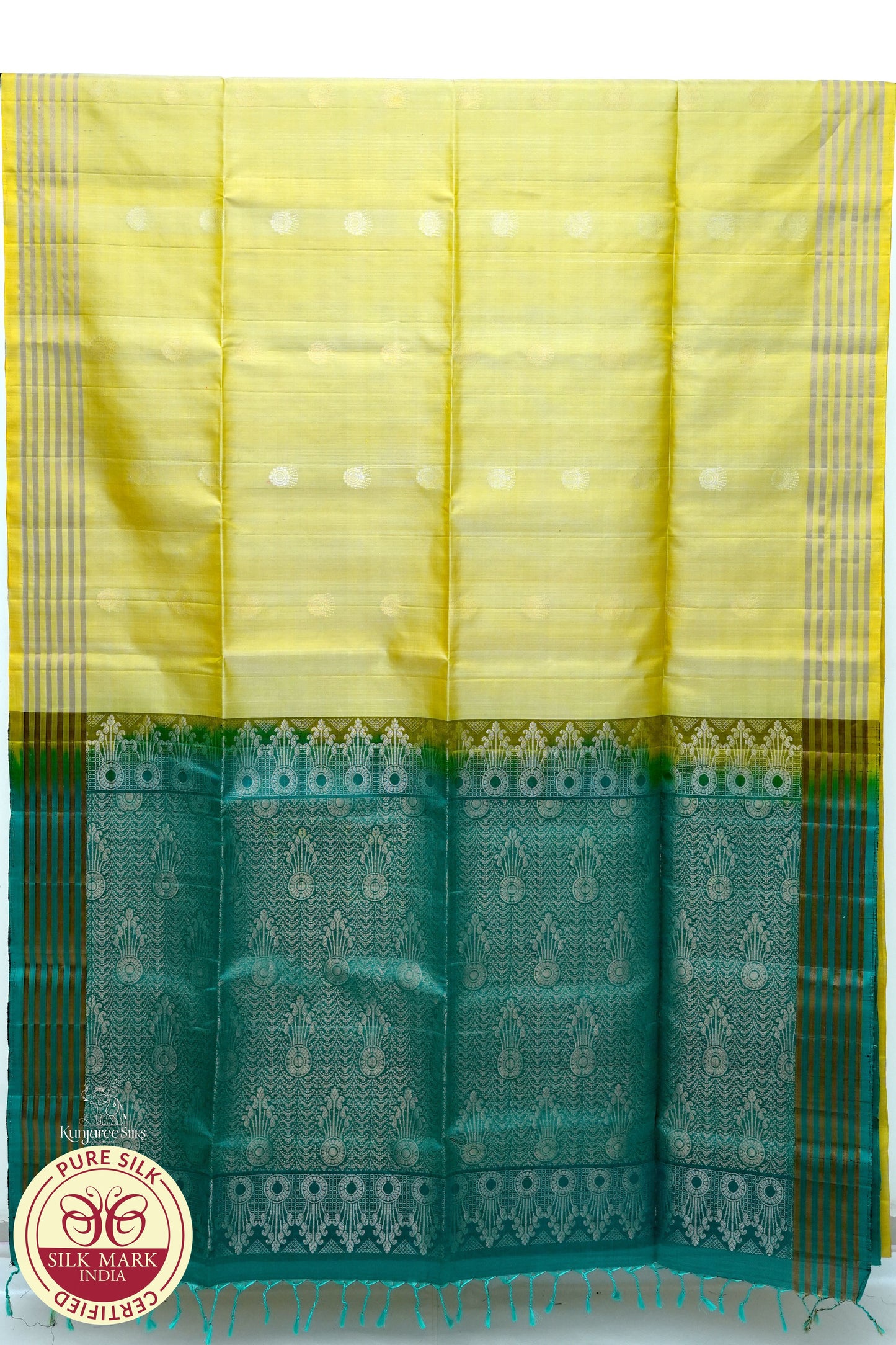 Cream with Green Color Pure Silk Saree