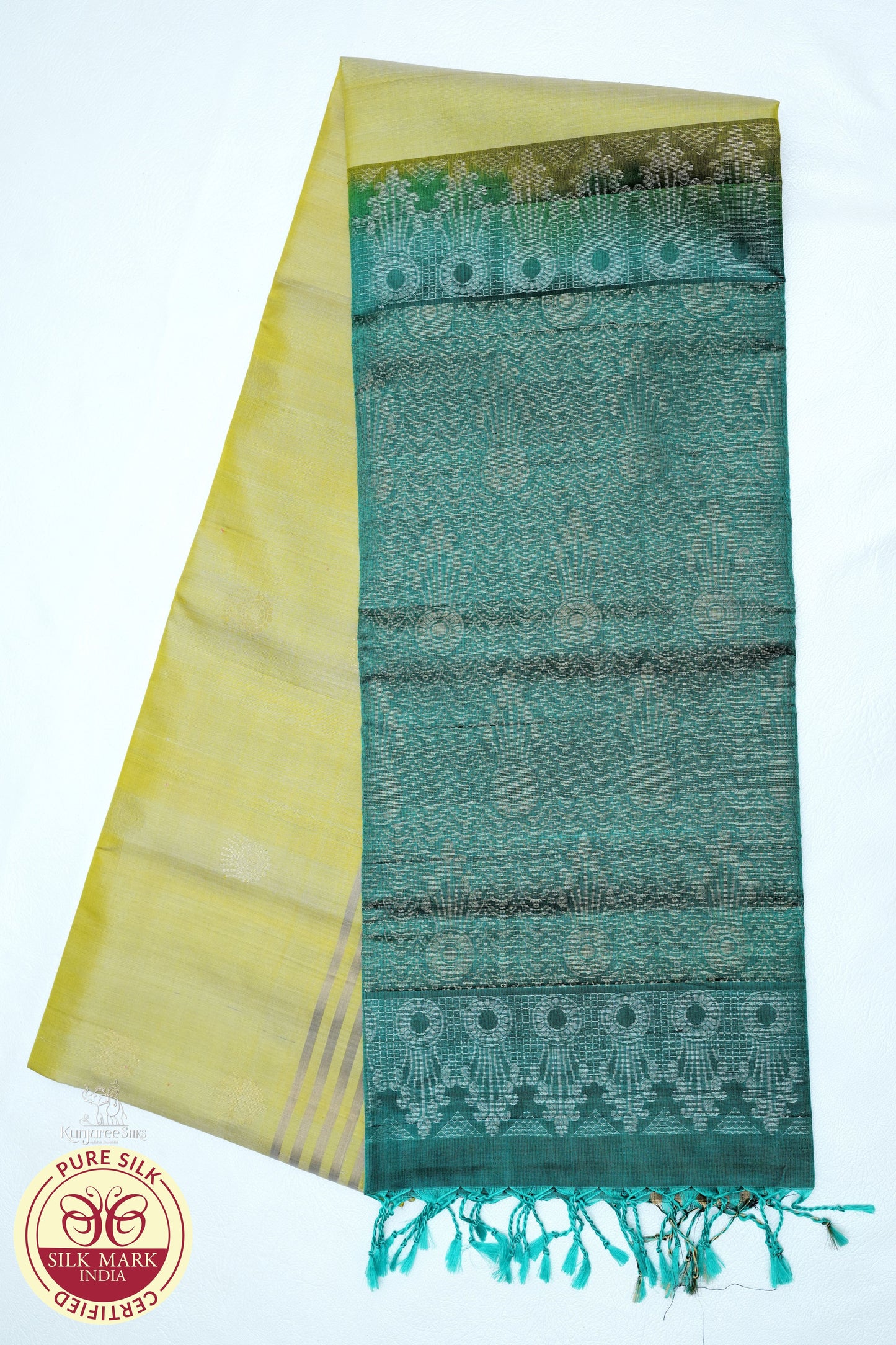 Cream with Green Color Pure Silk Saree