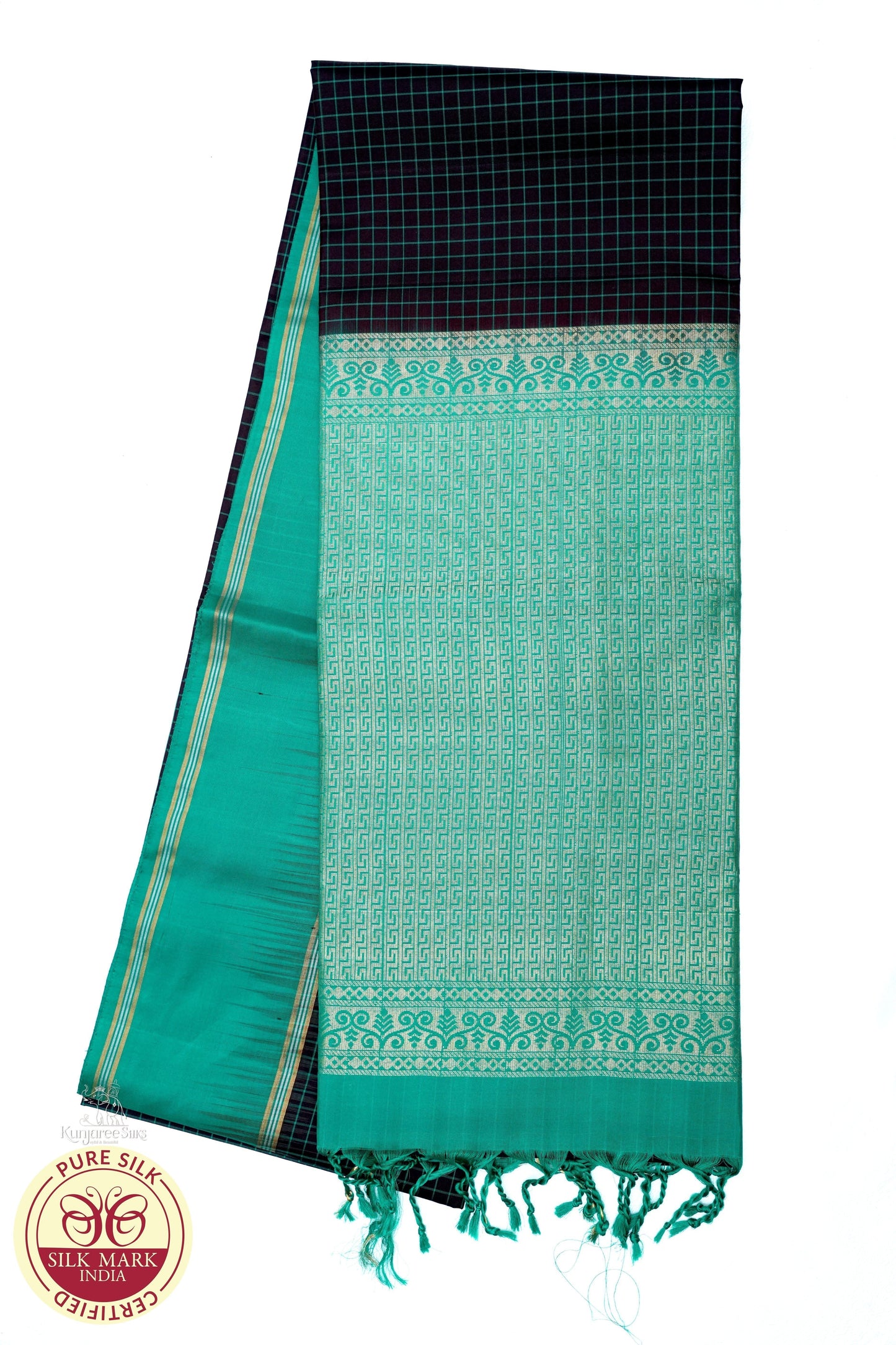 Pure Silk Handloom Soft Silk Saree in Coffee Brown with Aqua Green Zari Border & Pallu