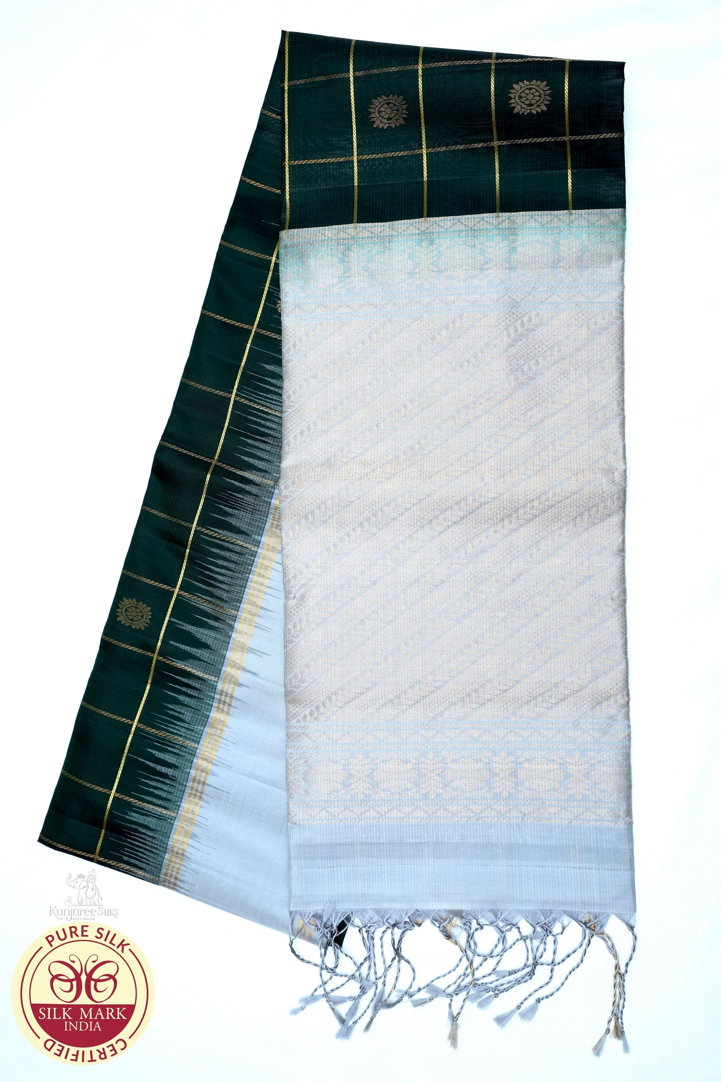 Bottle Green with Light Grey Color Pure Silk Saree