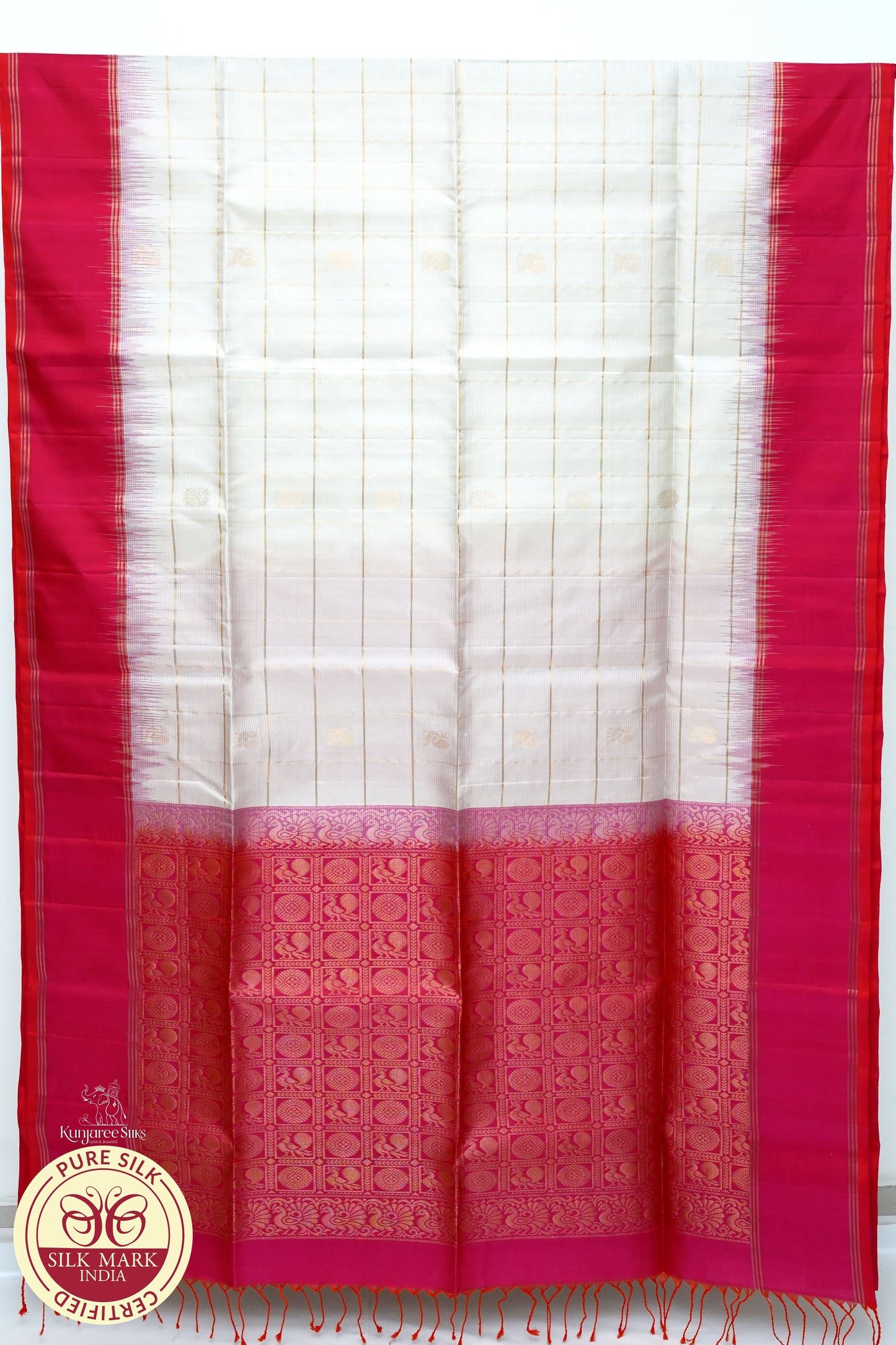 Cream with Baby Red Color Pure Silk Saree