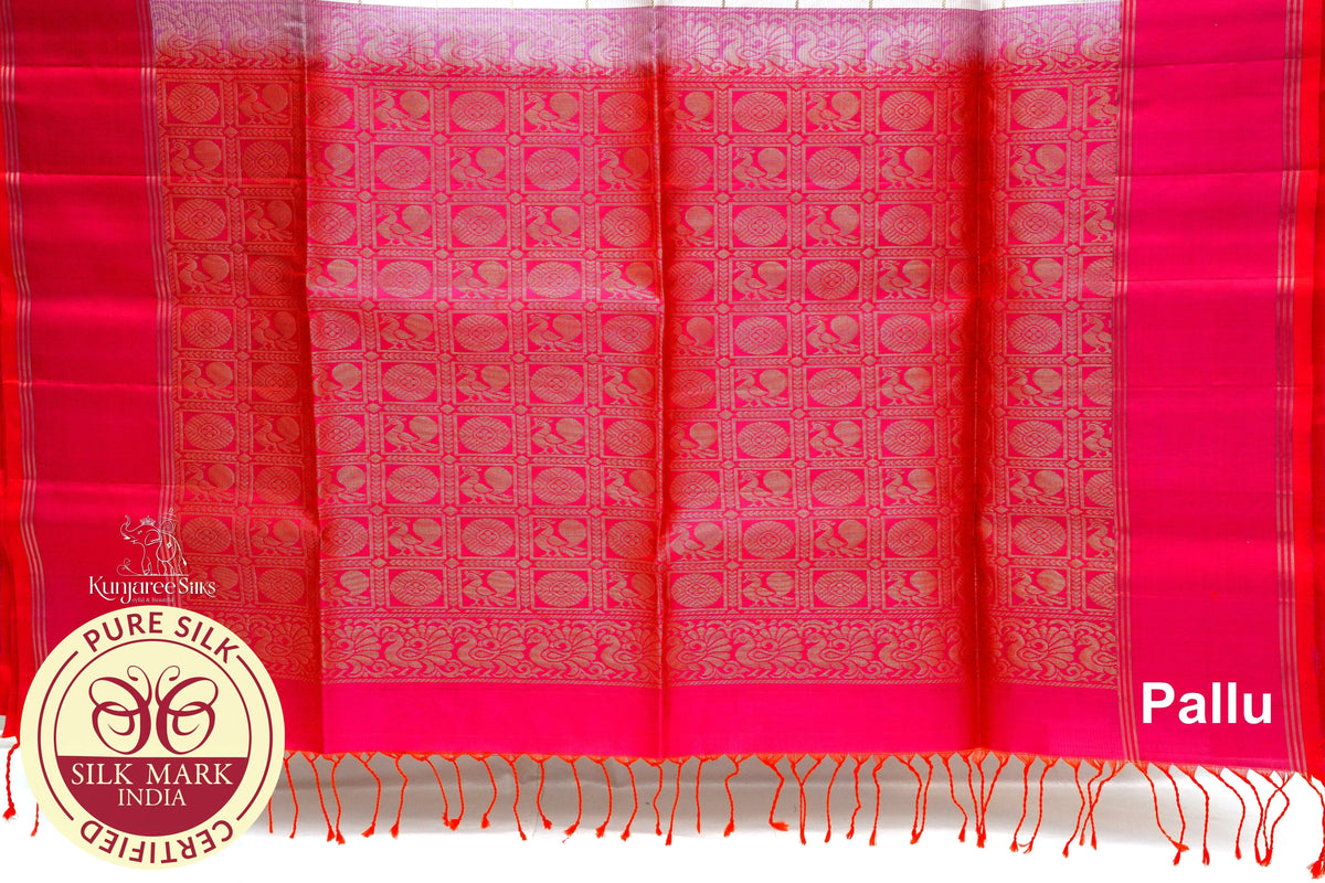 Cream with Baby Red Color Pure Silk Saree
