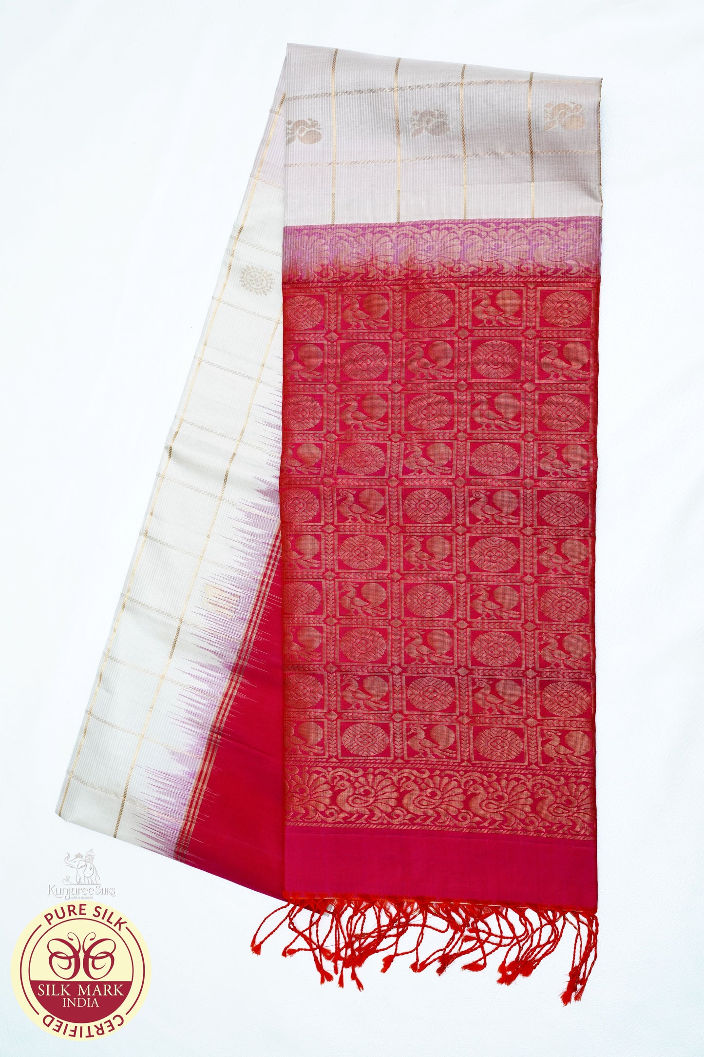 Cream with Baby Red Color Pure Silk Saree