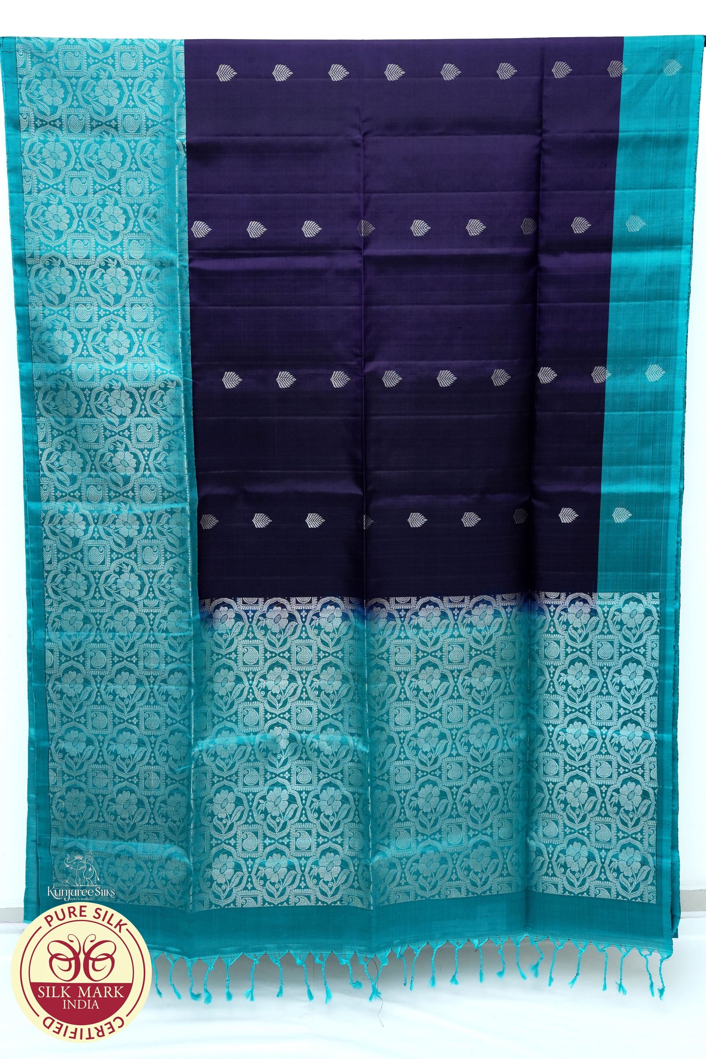 Purple with Sea Blue Color Pure Silk Saree