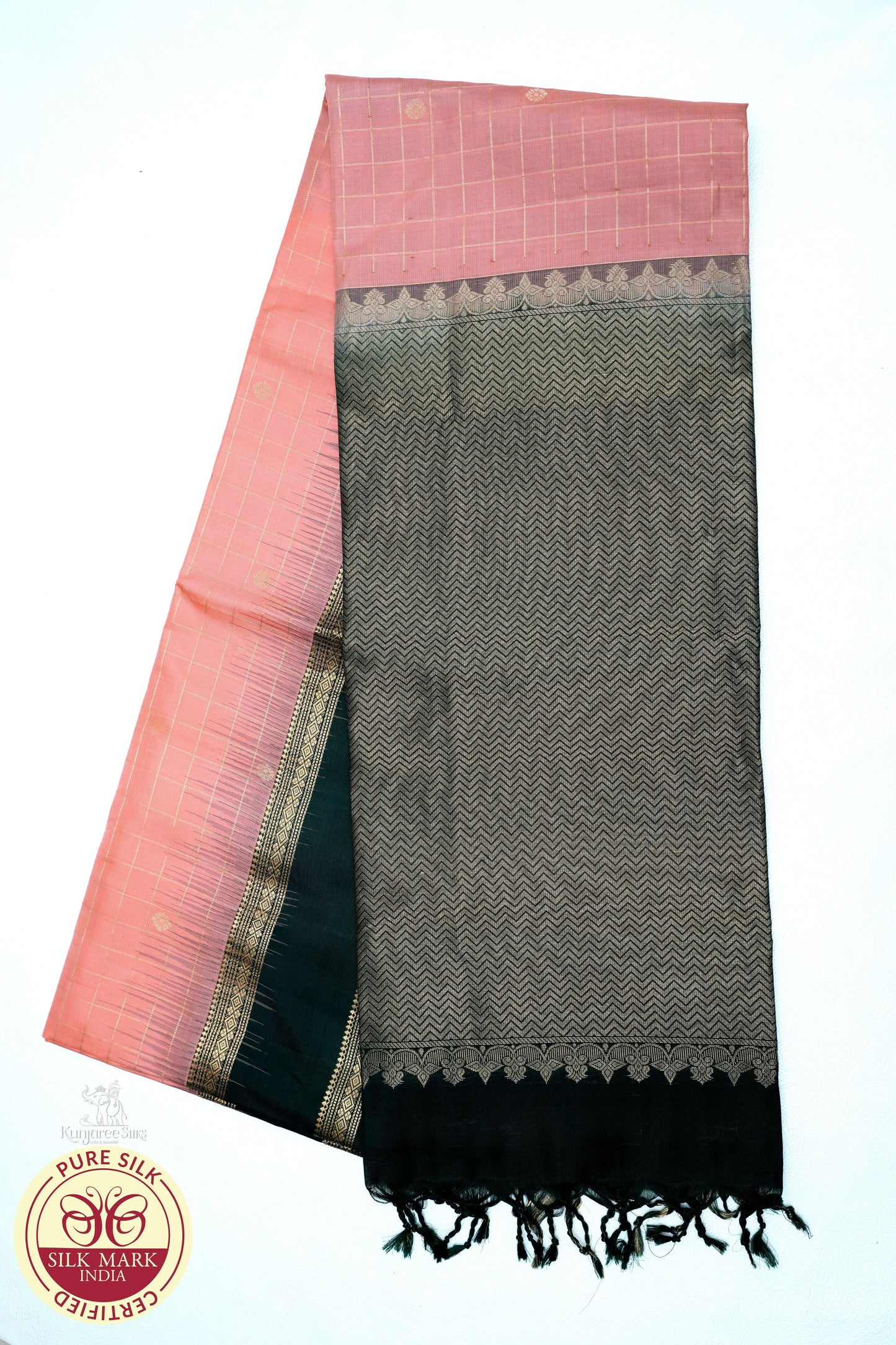 Pure Silk Handloom Soft Silk Saree – Blush Pink with Emerald Green Zari Border