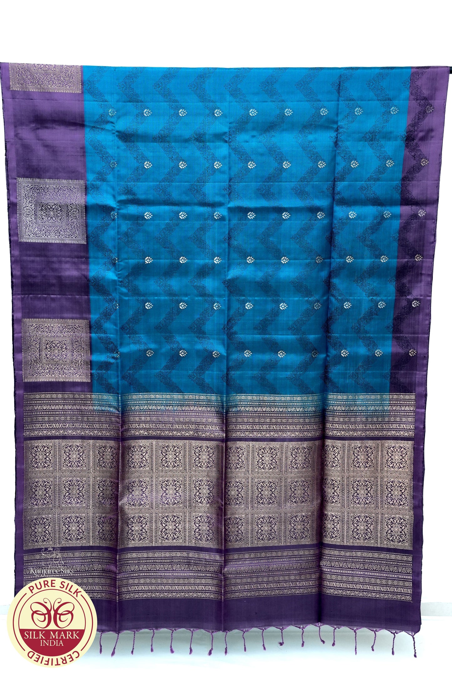 Peacock Blue with Purple Color Pure Silk Saree