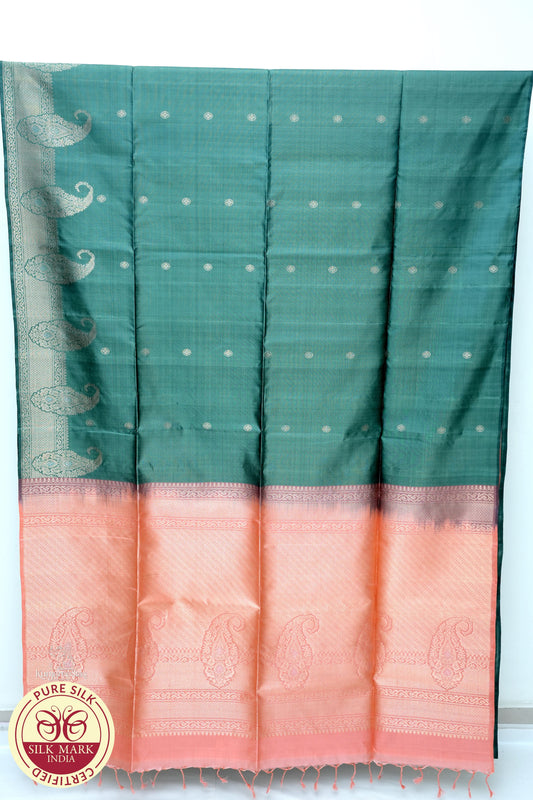 Green with Orange Color Pure Silk Saree