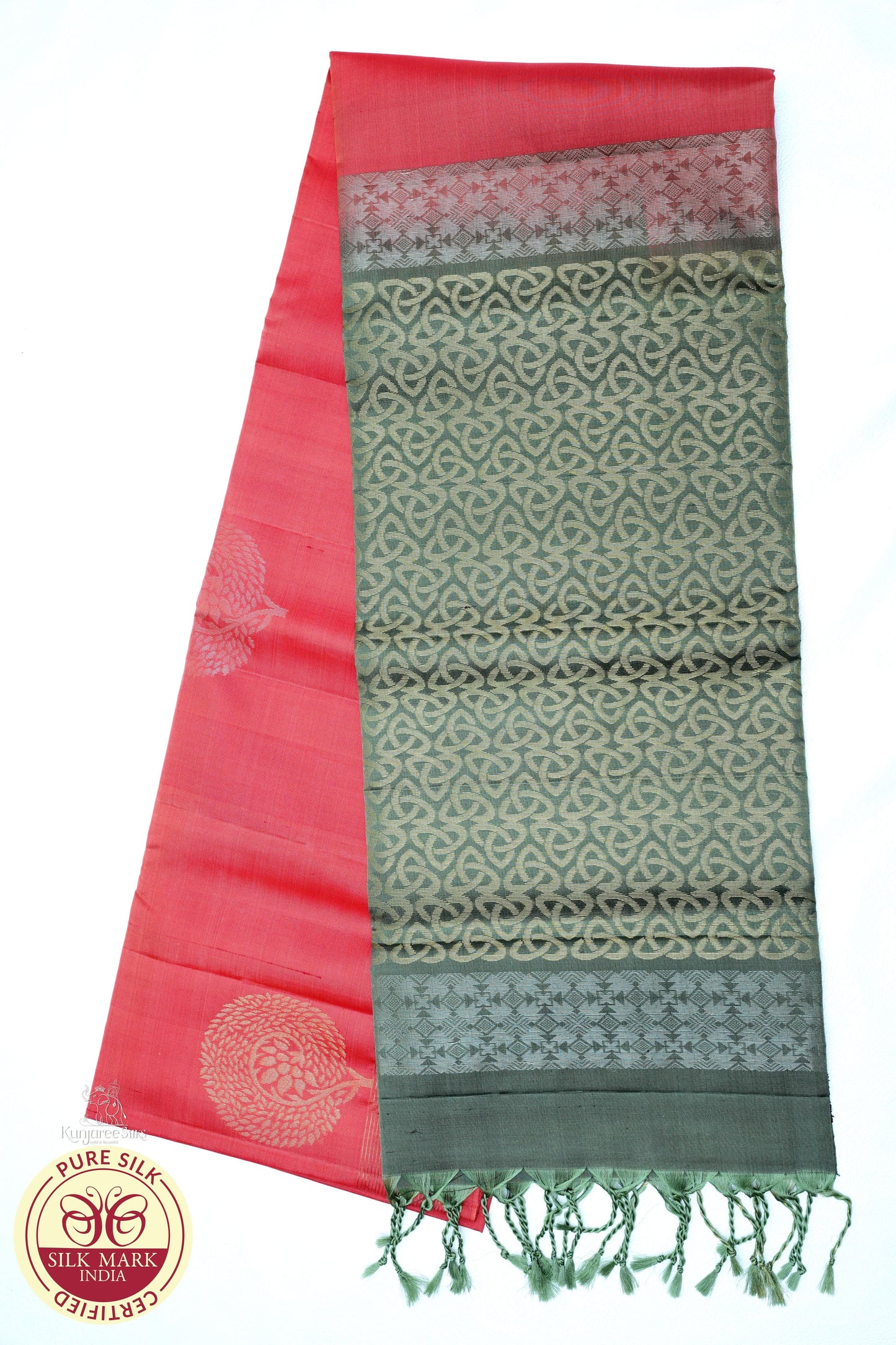 Pure Silk Handloom Soft Silk Saree – Tomato Red with Olive Green Zari Pallu