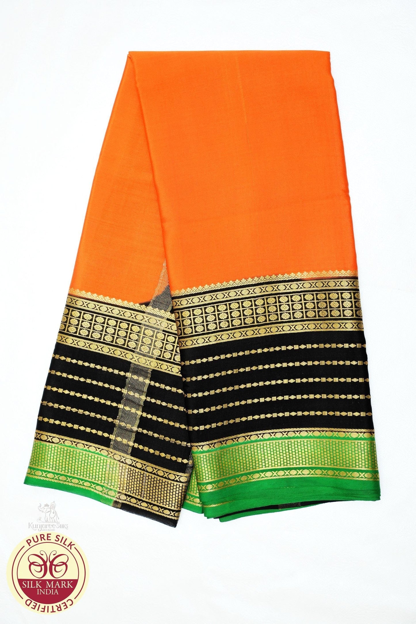 Pure Mysore Silk Saree in Mango Orange & Midnight Black with Rich Zari Border