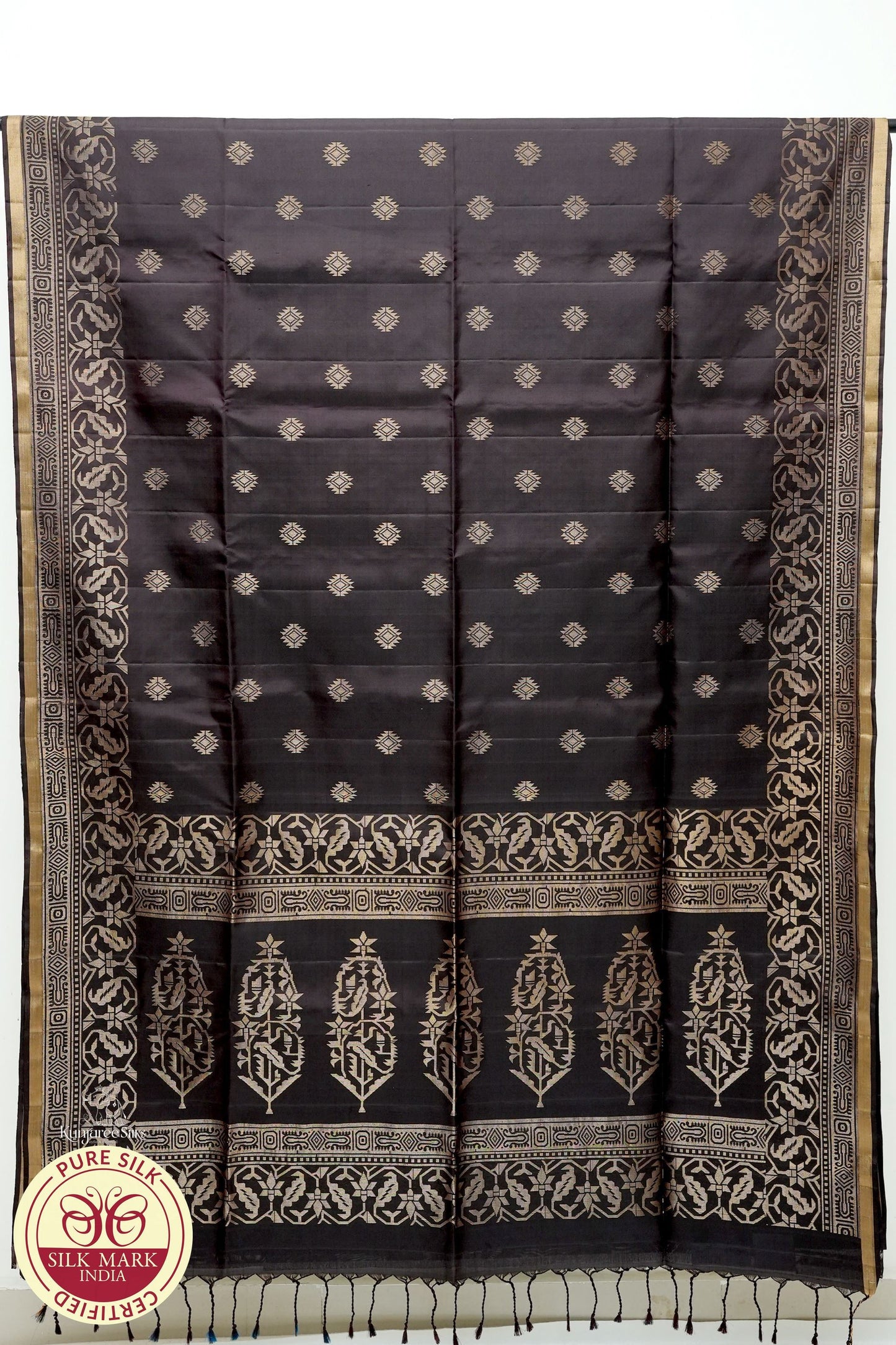 Dark Grey with Gold Color Pure Silk Saree