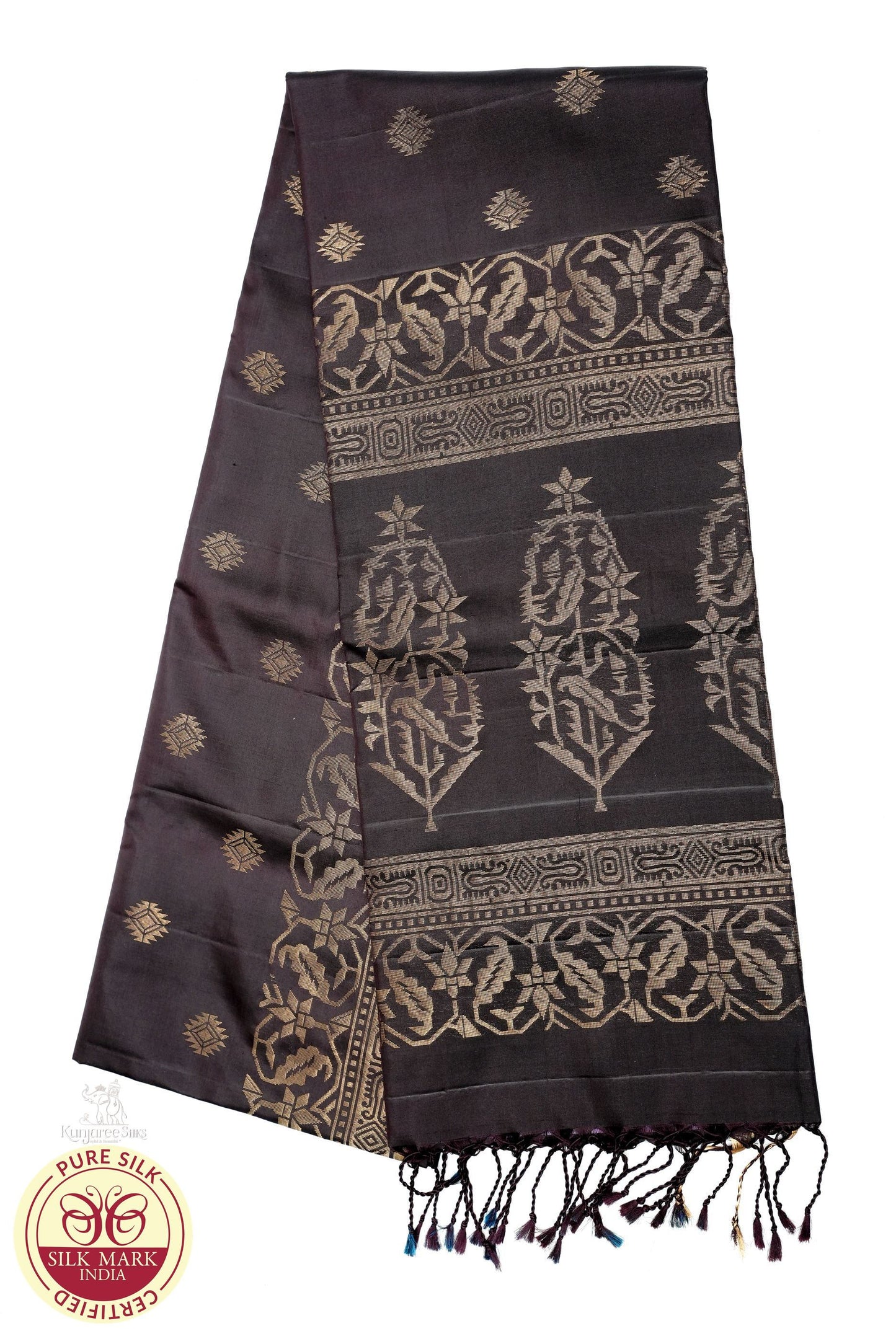 Dark Grey with Gold Color Pure Silk Saree