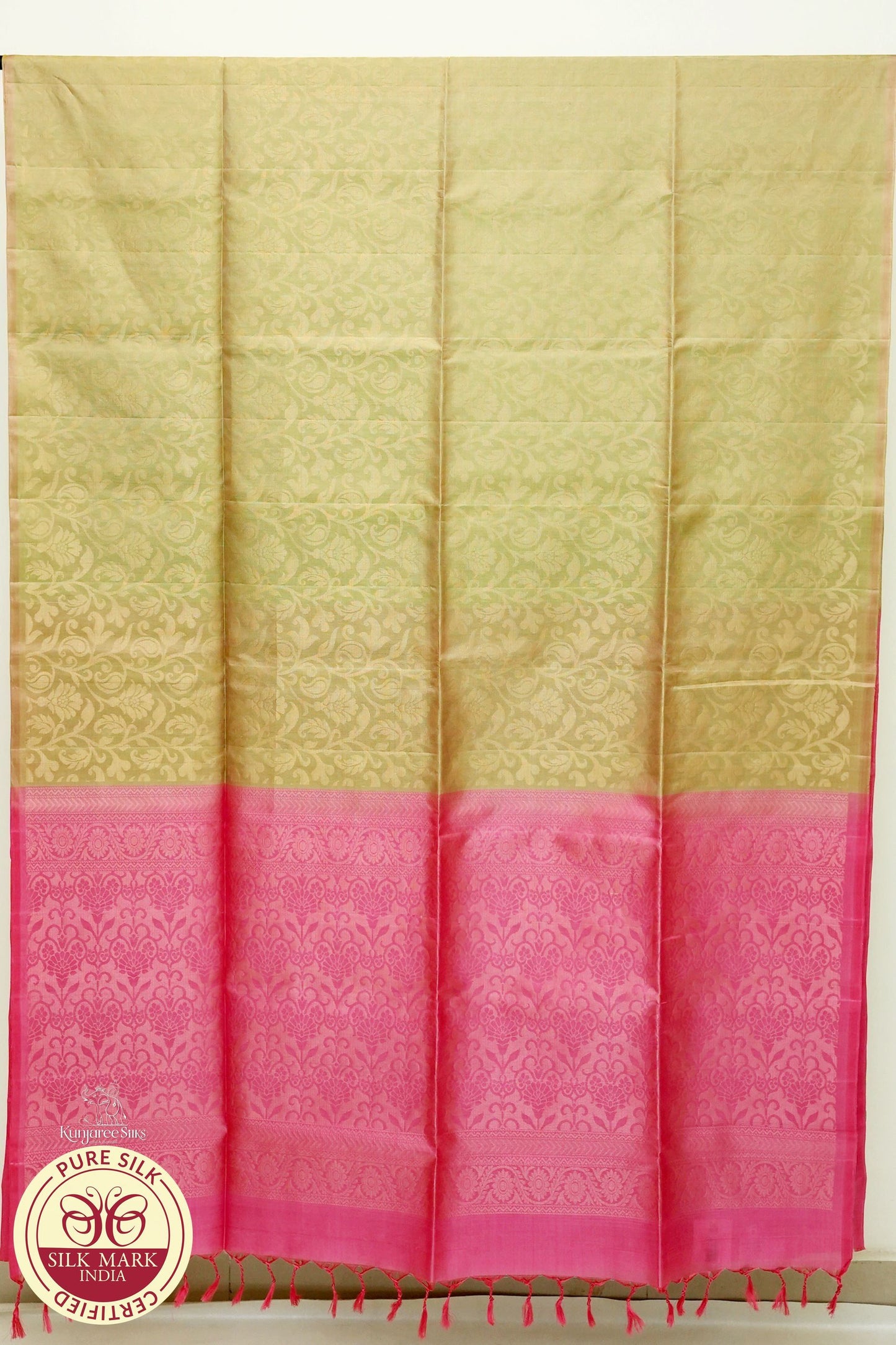 Golden Body with Pink Color Pure Silk Saree