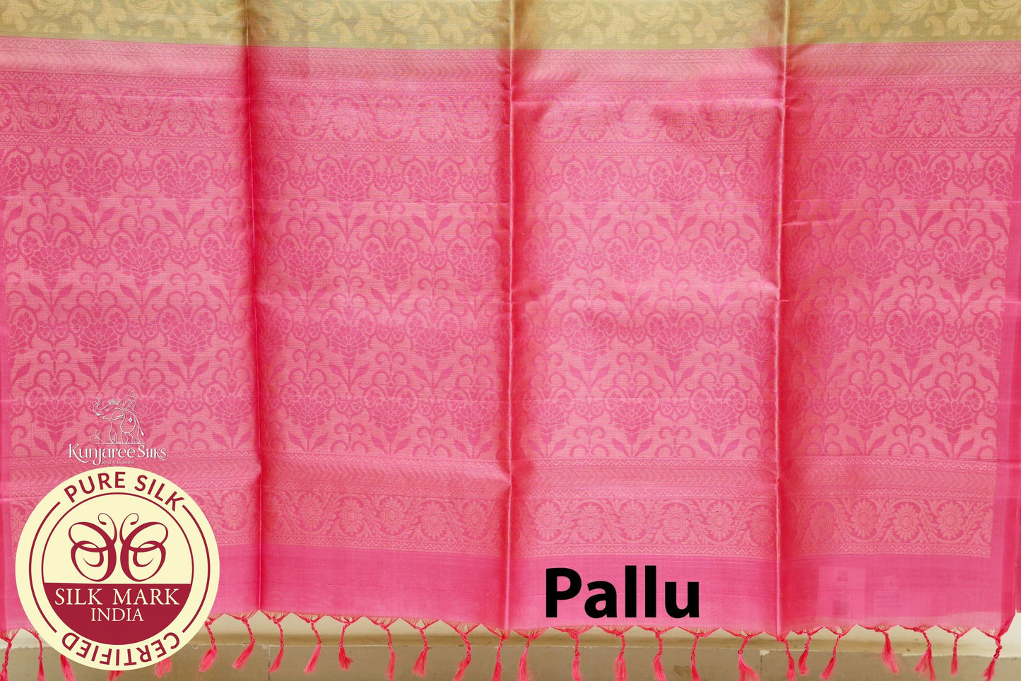 Golden Body with Pink Color Pure Silk Saree