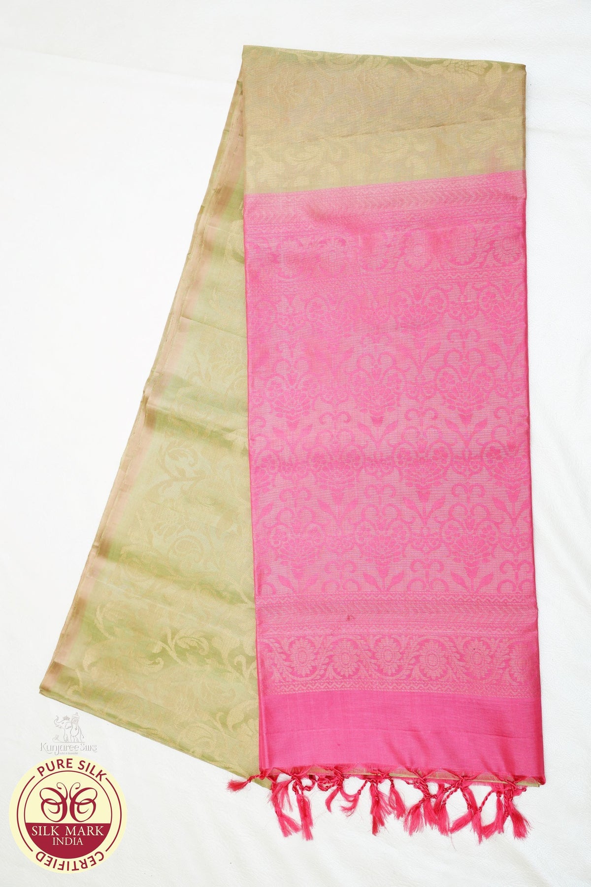 Golden Body with Pink Color Pure Silk Saree