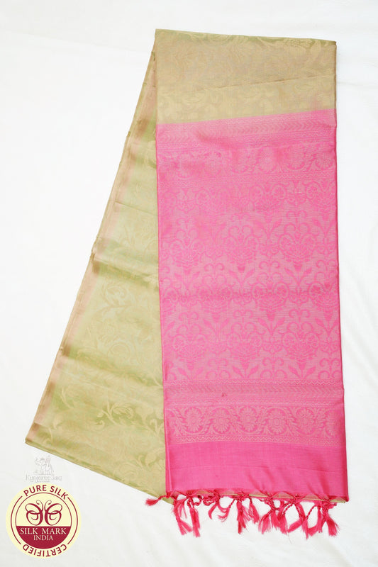 Golden Body with Pink Color Pure Silk Saree
