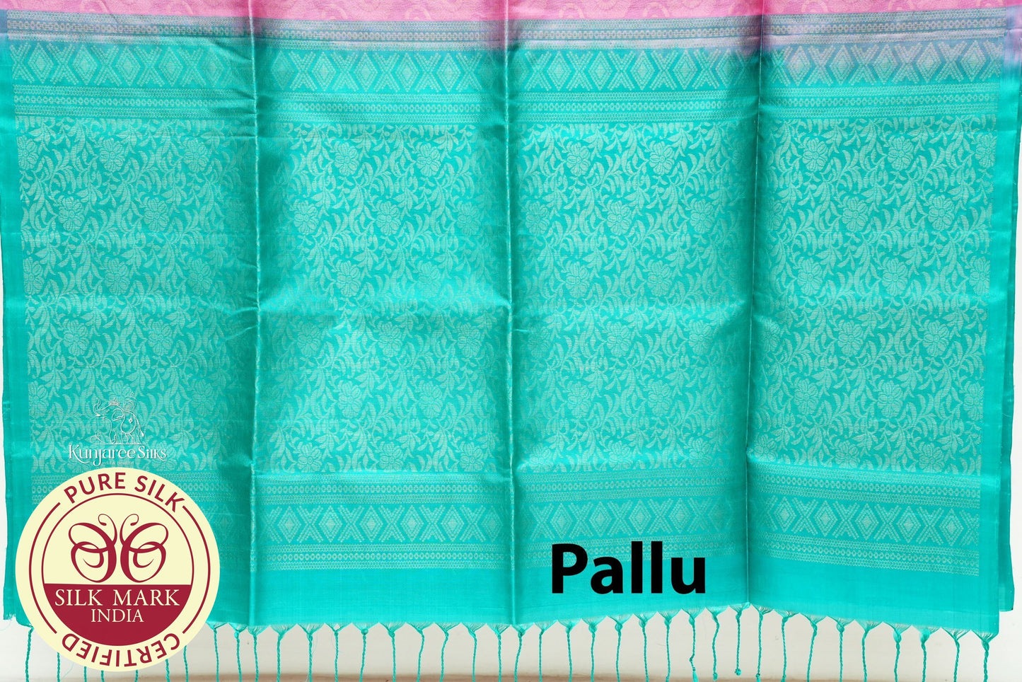 Baby Pink with Bluish Green Color Pure Silk Saree